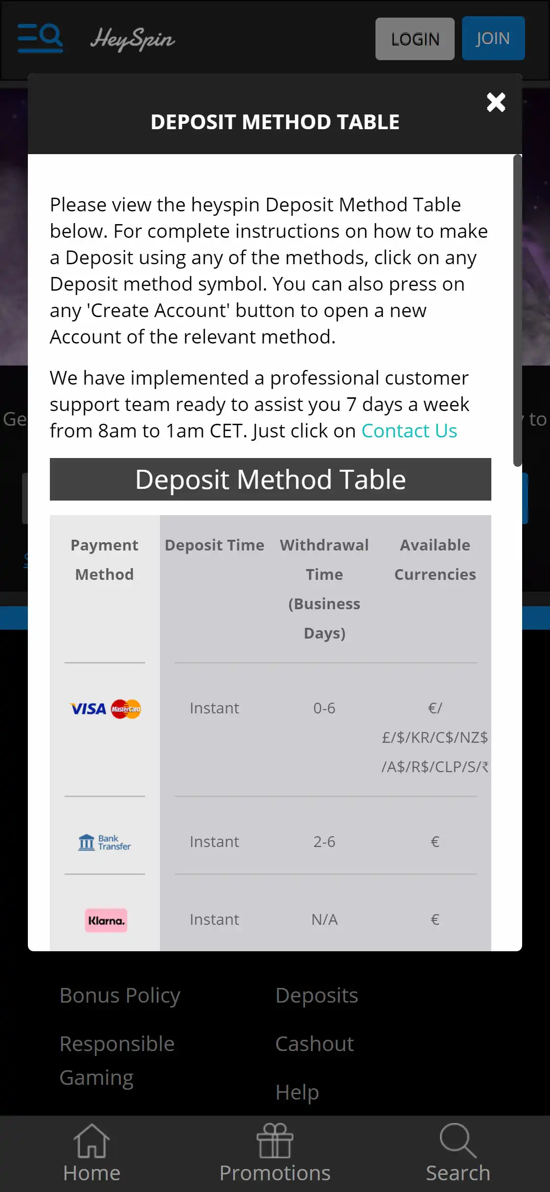 HeySpin Casino Mobile Payment Methods Review