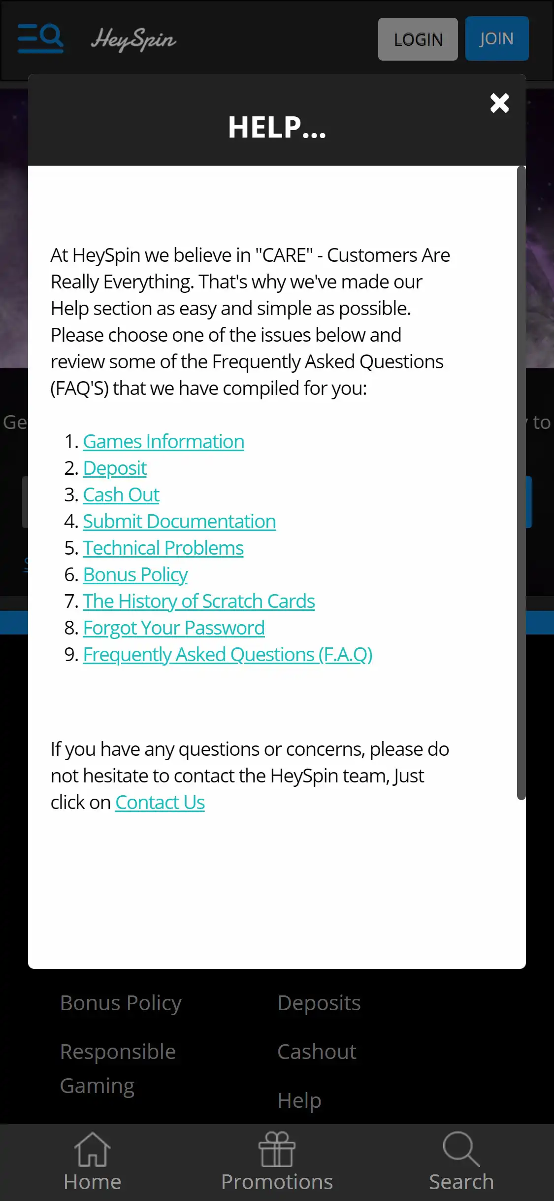 HeySpin Casino Mobile Support Review