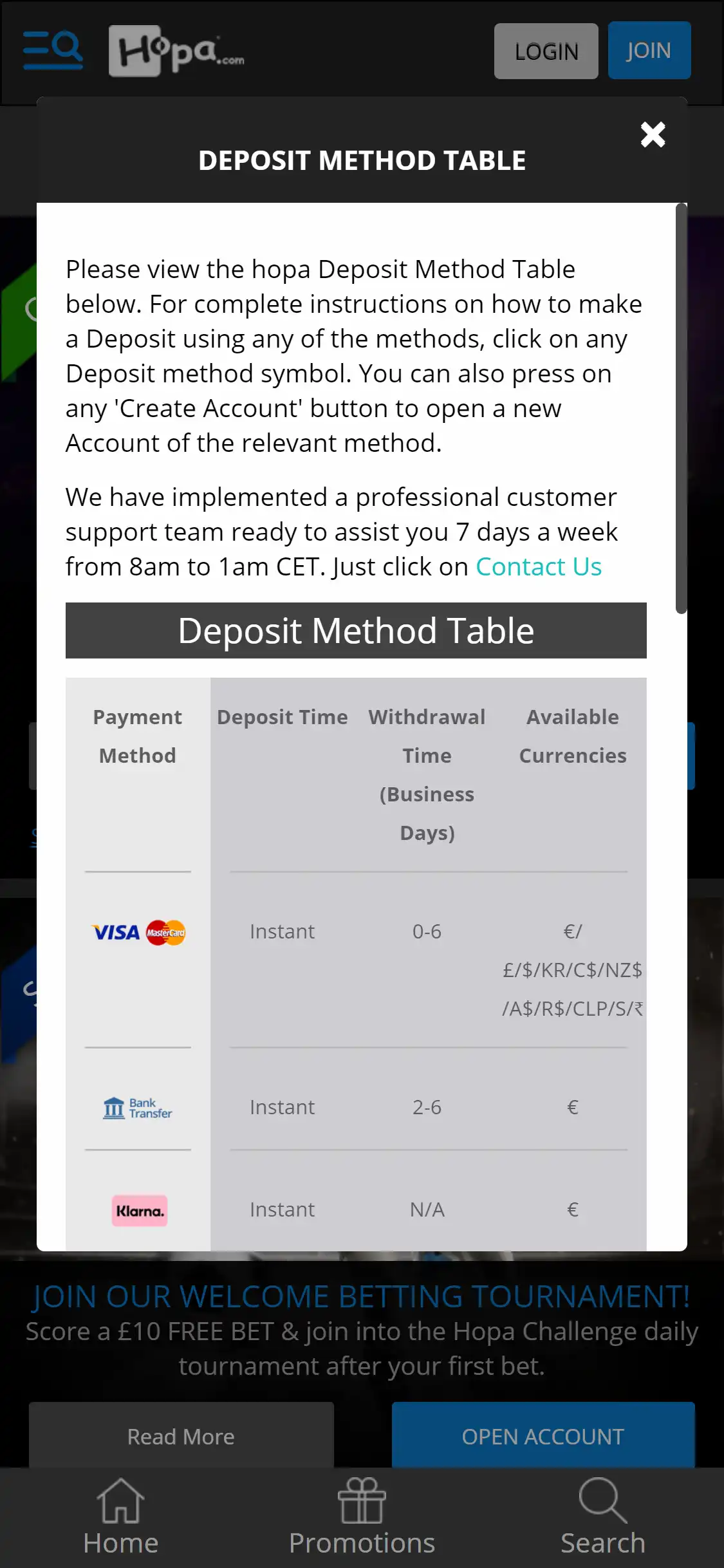 Hopa Casino Mobile Payment Methods Review