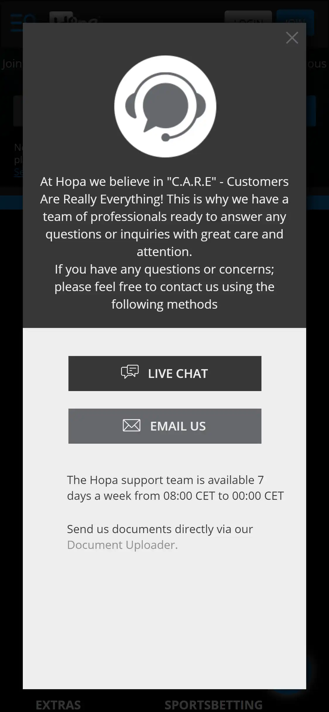 Hopa Casino Mobile Support Review