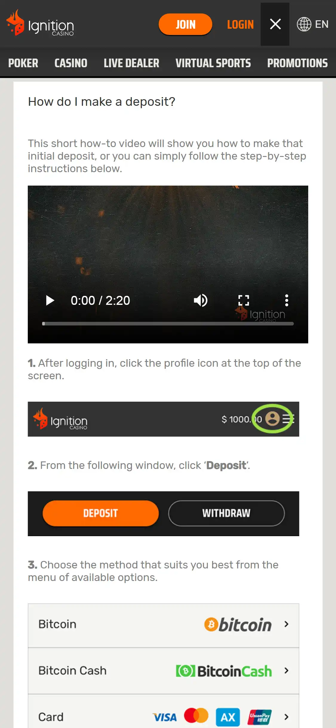 Ignition Casino Mobile Payment Methods Review