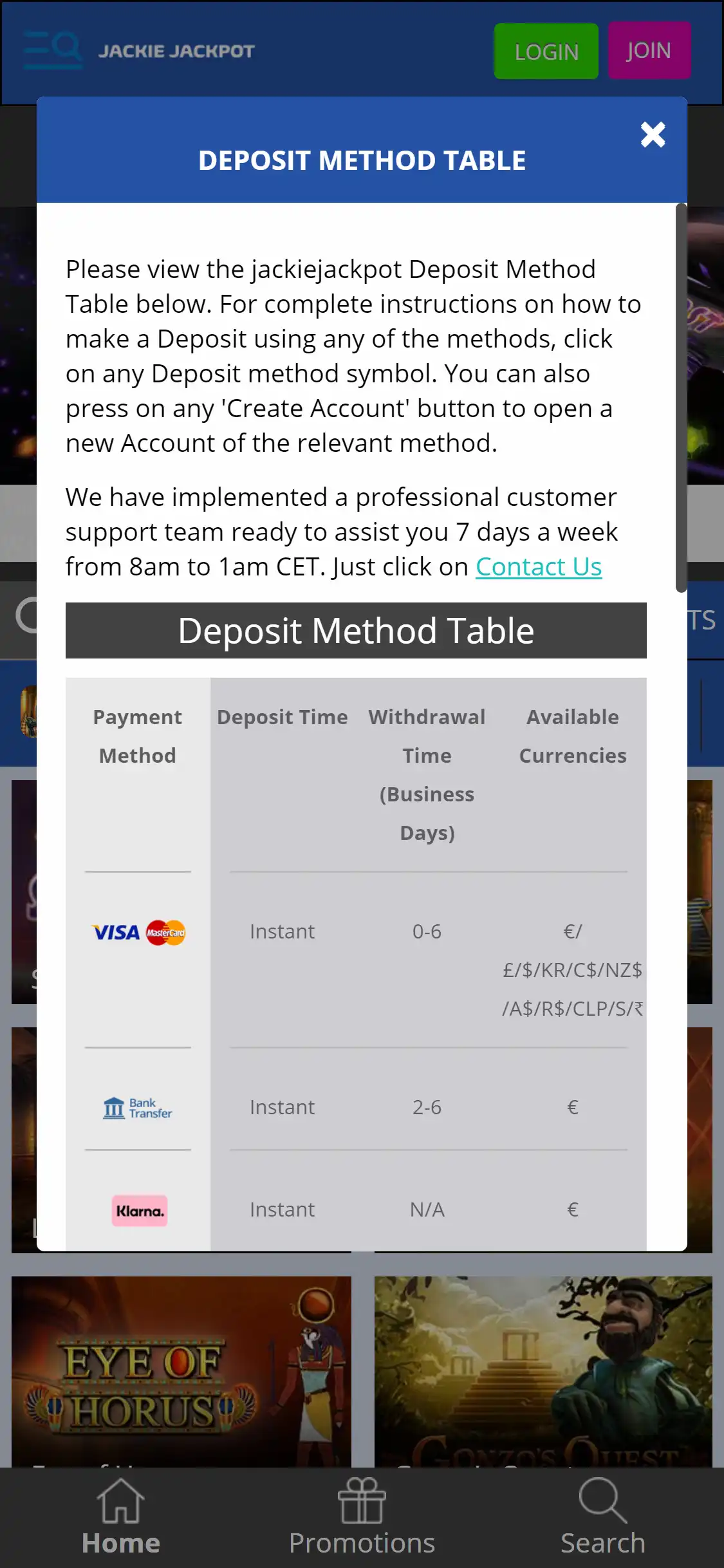 Jackie Jackpot Casino Mobile Payment Methods Review