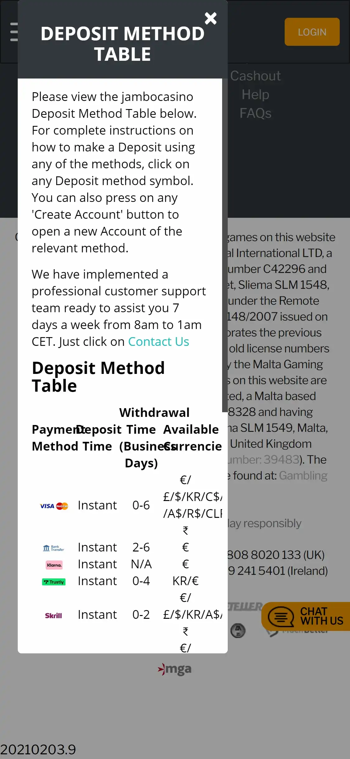 Jambo Casino Mobile Payment Methods Review