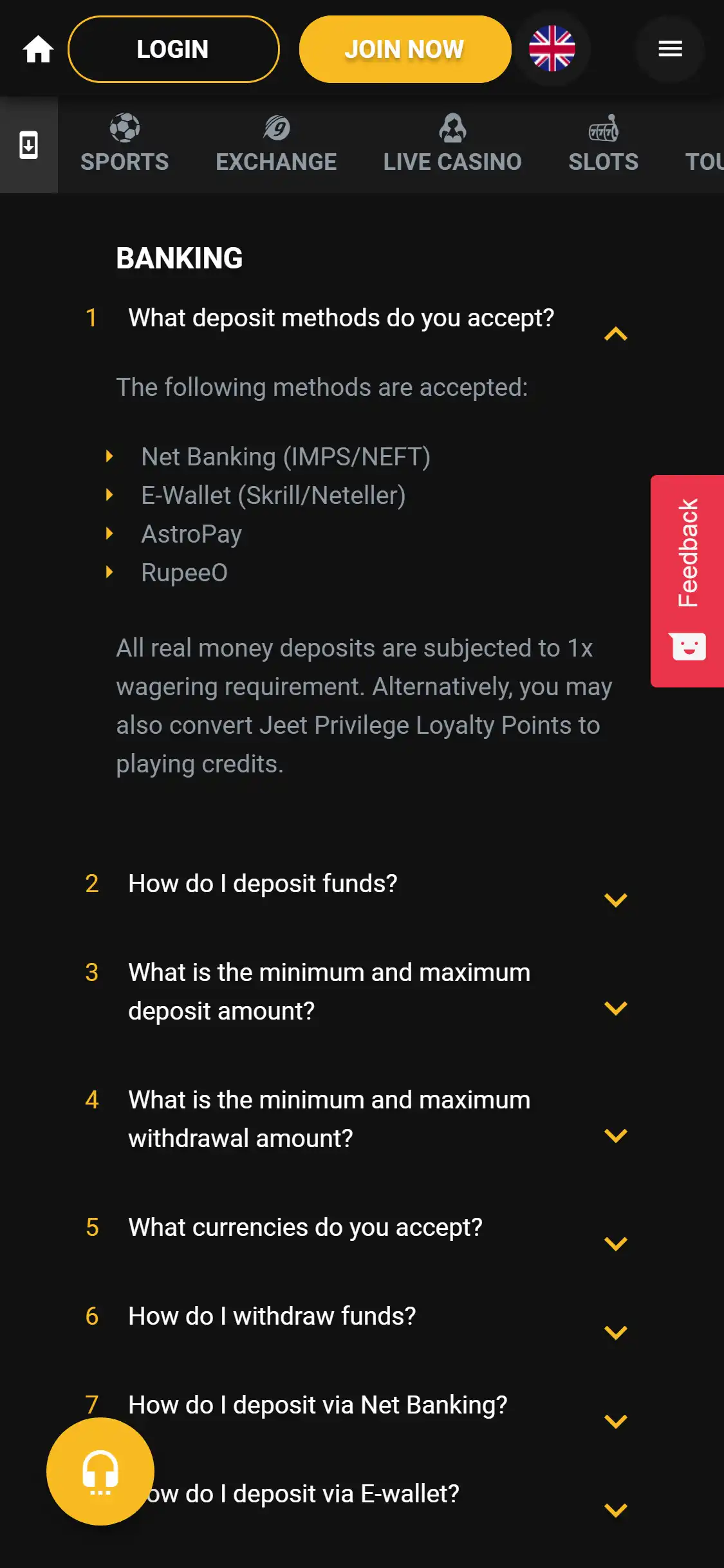 JeetWin Casino Mobile Payment Methods Review