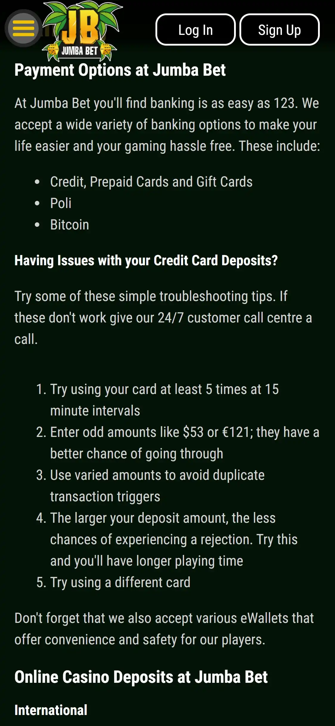 Jumba Bet Casino Mobile Payment Methods Review