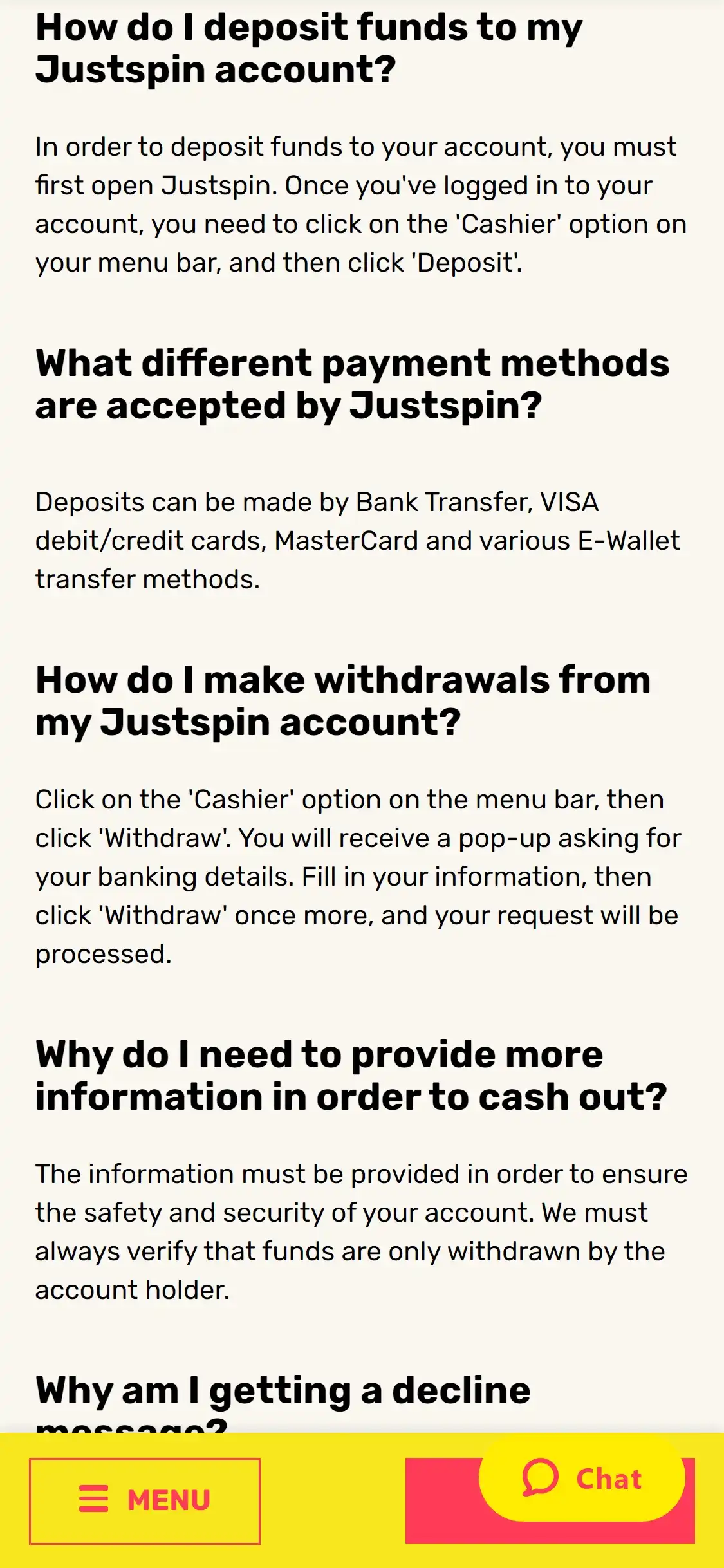 JustSpin Casino Mobile Payment Methods Review