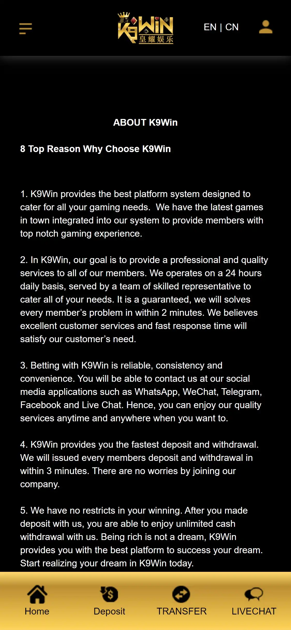 K9WIN Online Casino Mobile Support Review