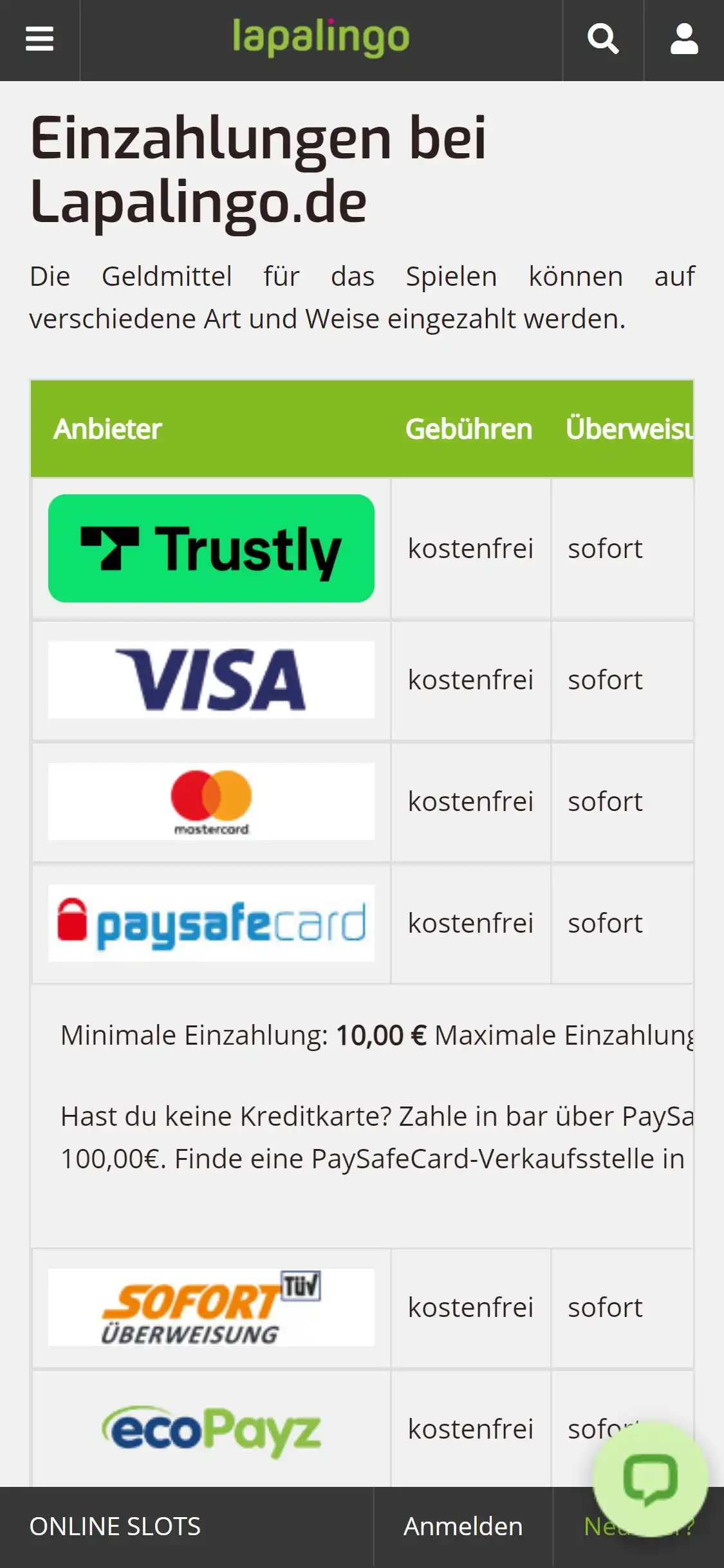 Lapalingo Casino Mobile Payment Methods Review
