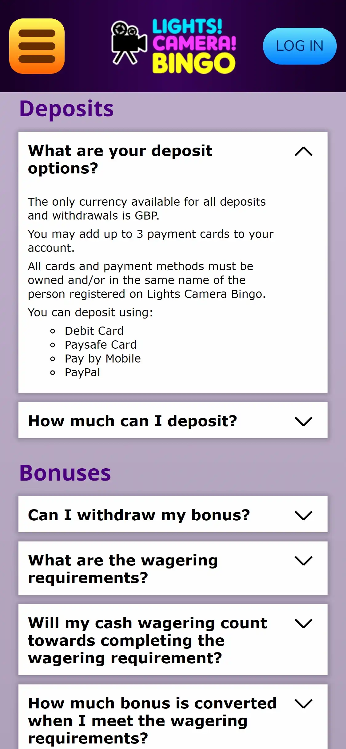 Lights Camera Bingo Casino Mobile Payment Methods Review