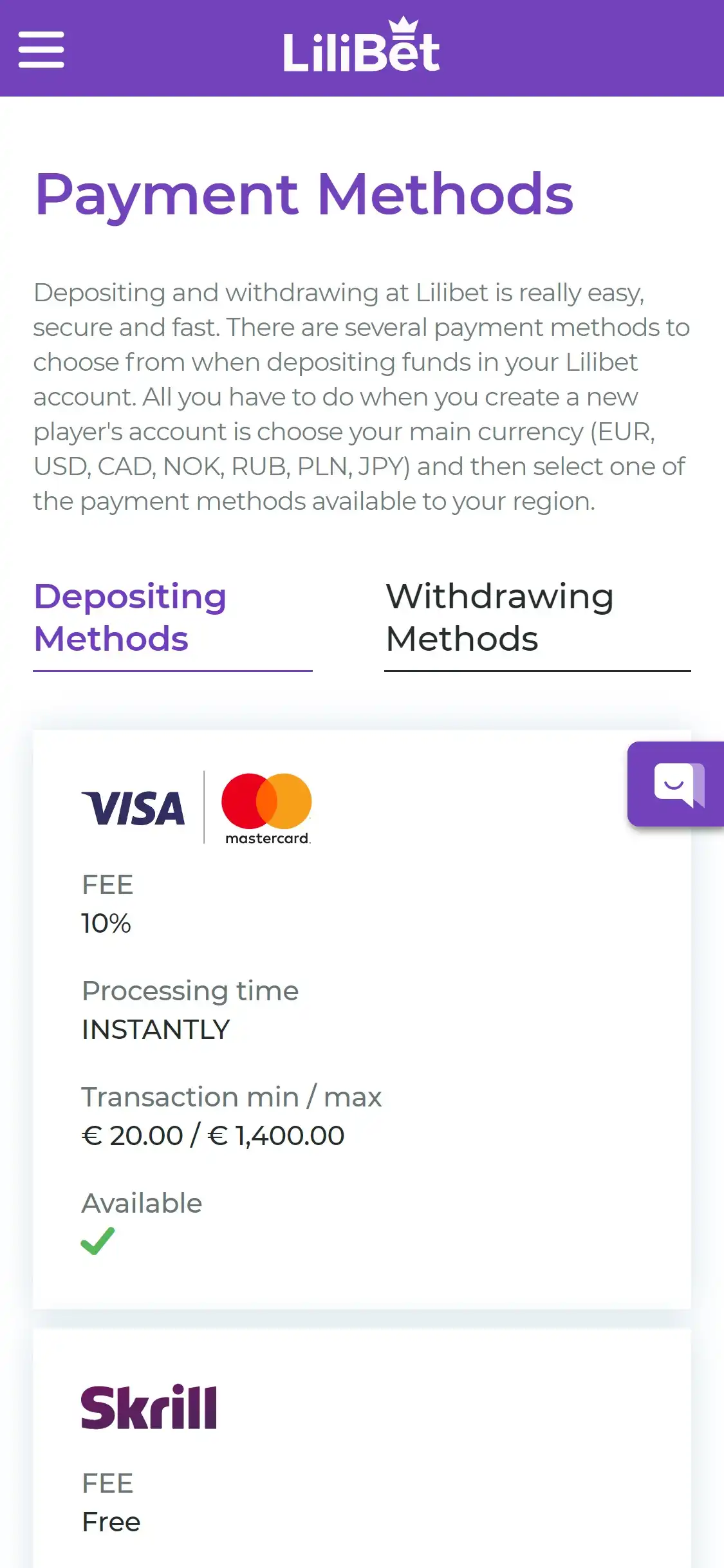 Lilibet Casino Mobile Payment Methods Review
