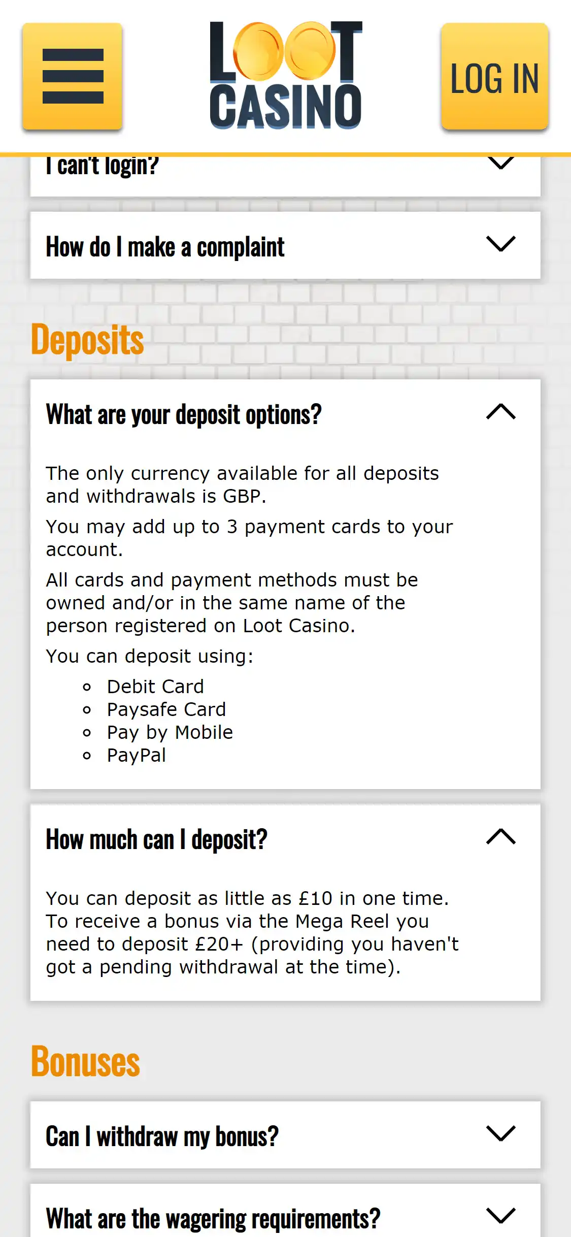 Loot Casino Mobile Payment Methods Review