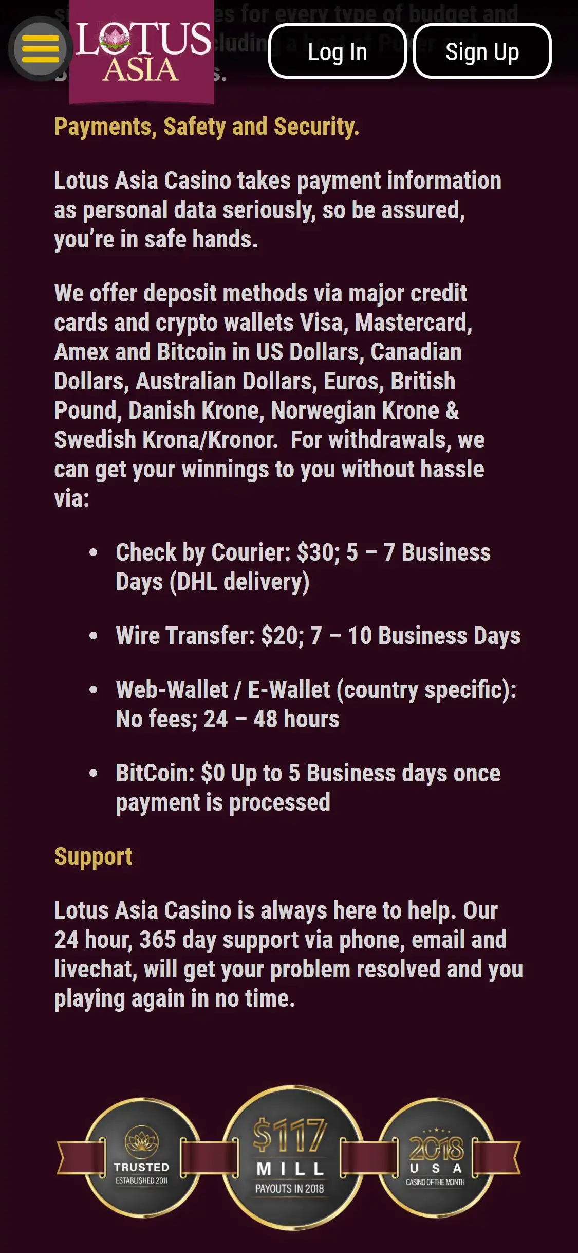 Lotus Asia Casino Mobile Payment Methods Review