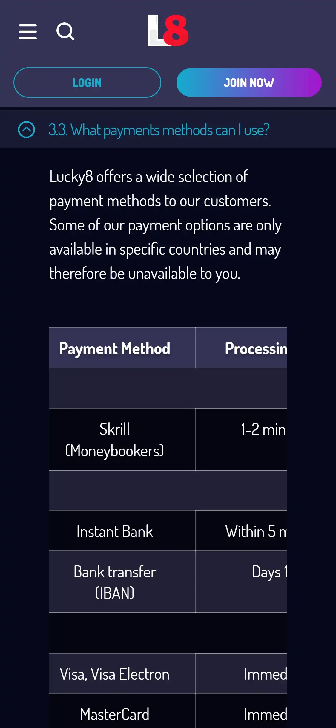 Lucky8 Casino Mobile Payment Methods Review
