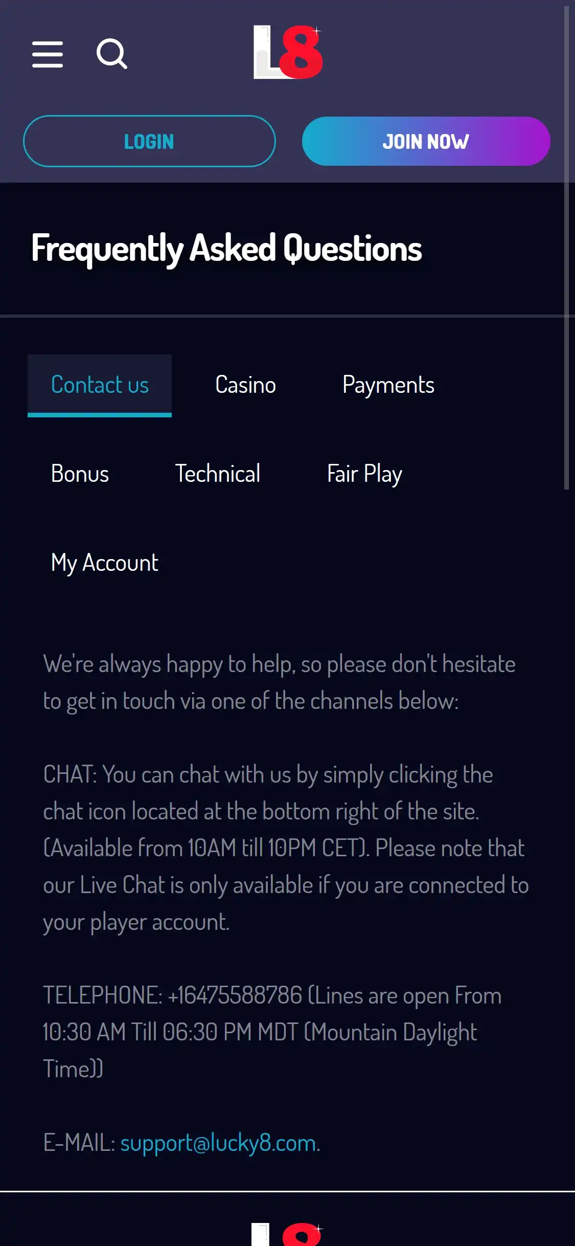 Lucky8 Casino Mobile Support Review