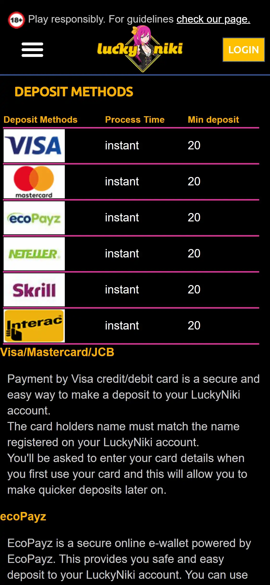 Lucky Niki Casino Mobile Payment Methods Review