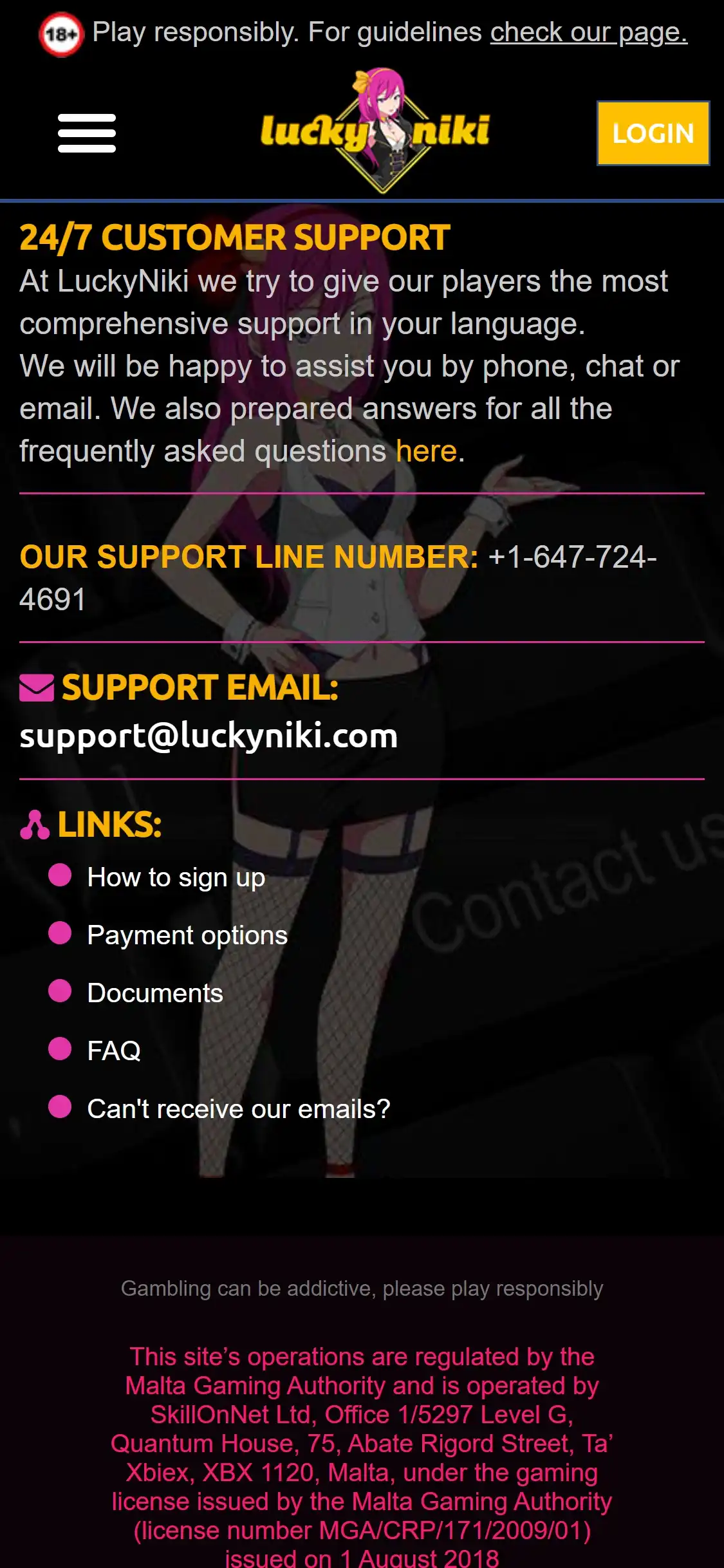Lucky Niki Casino Mobile Support Review