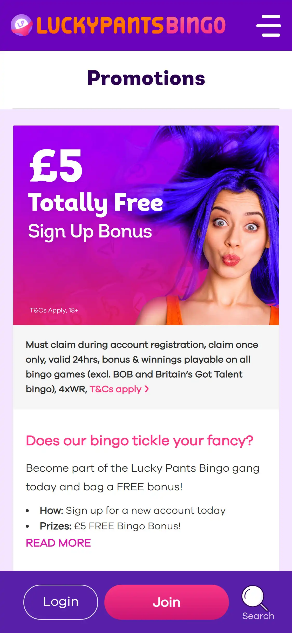 LuckyPantsBingo Casino Mobile No Deposit Bonus Review