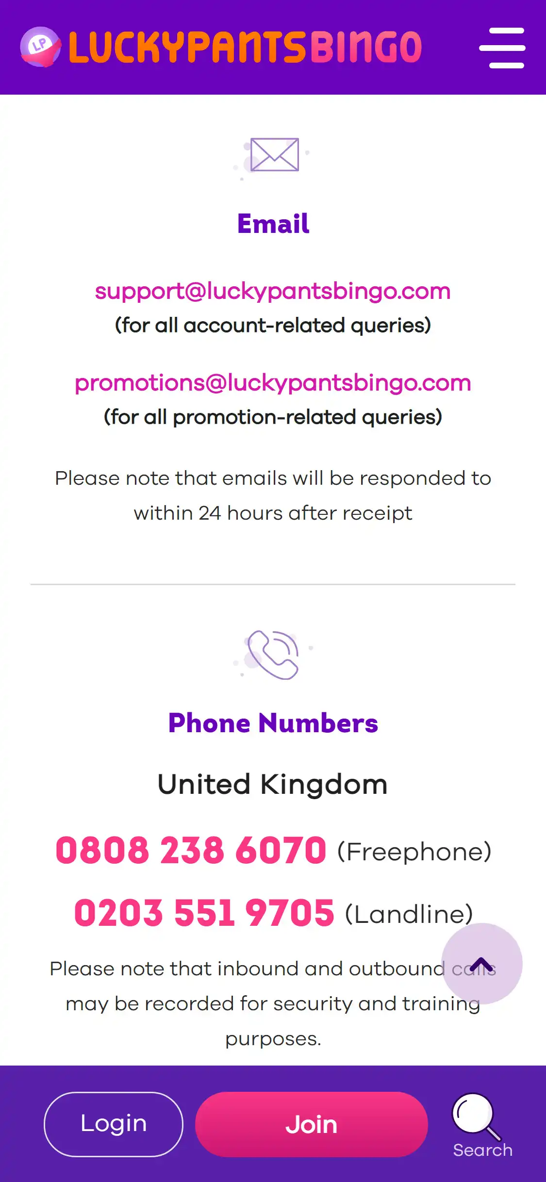 LuckyPantsBingo Casino Mobile Support Review