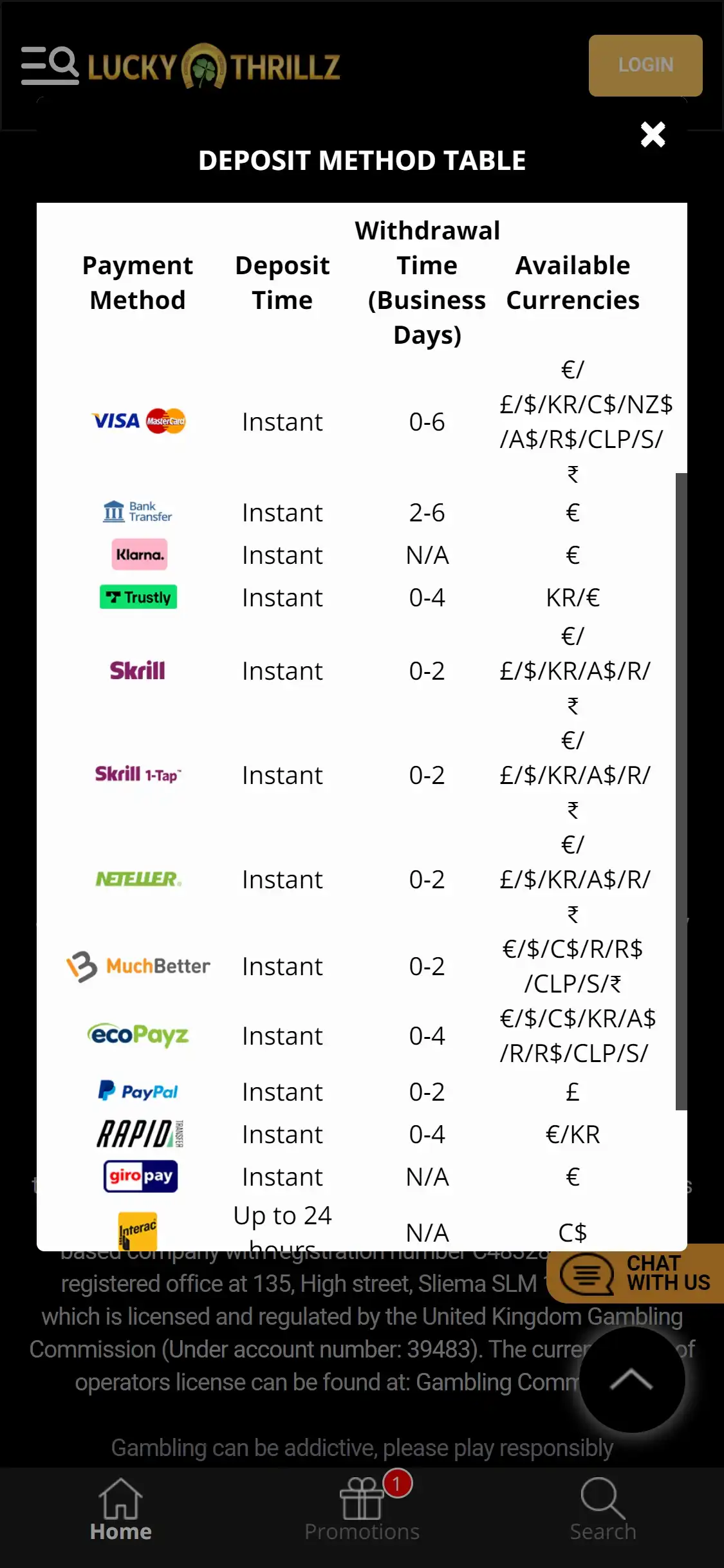 Lucky Thrillz Casino Mobile Payment Methods Review