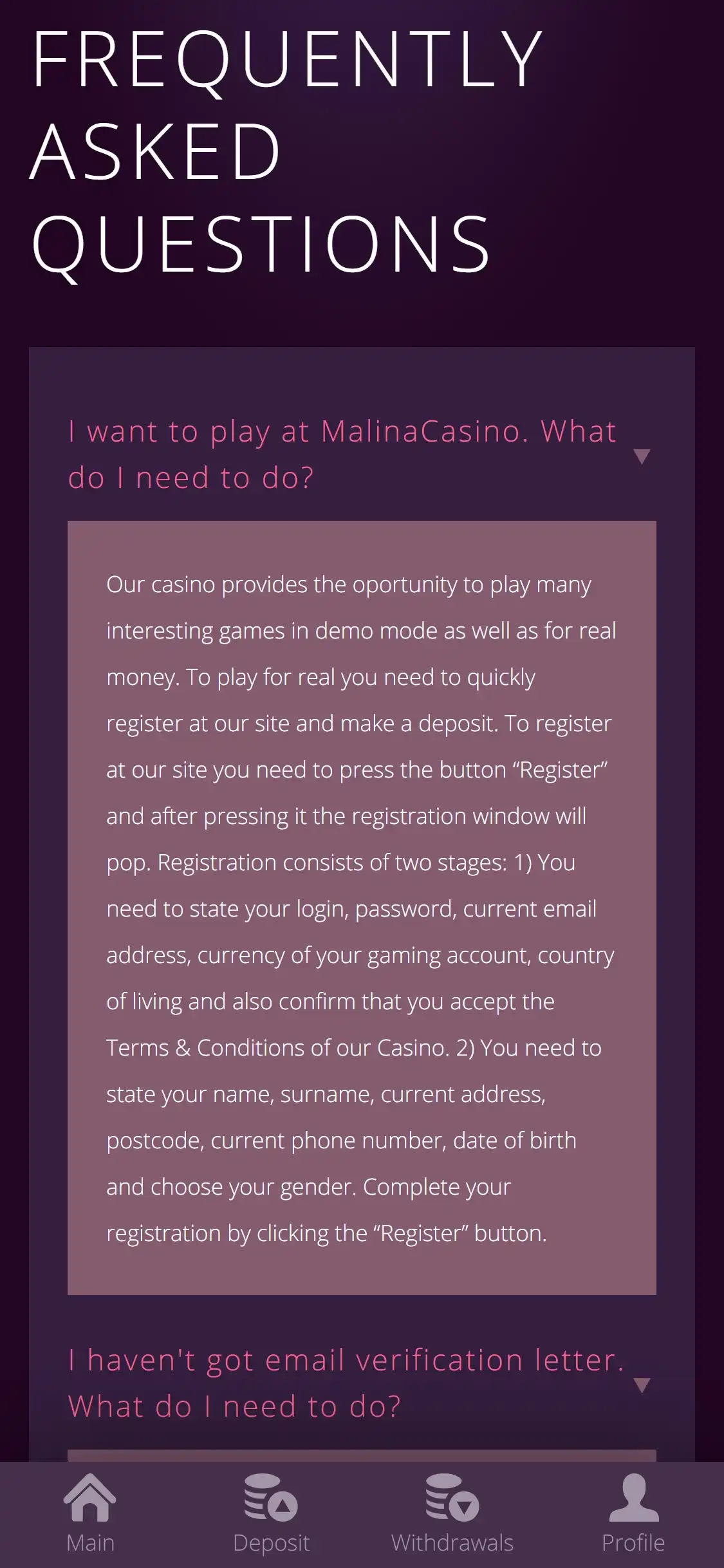 Malina Casino Mobile Support Review