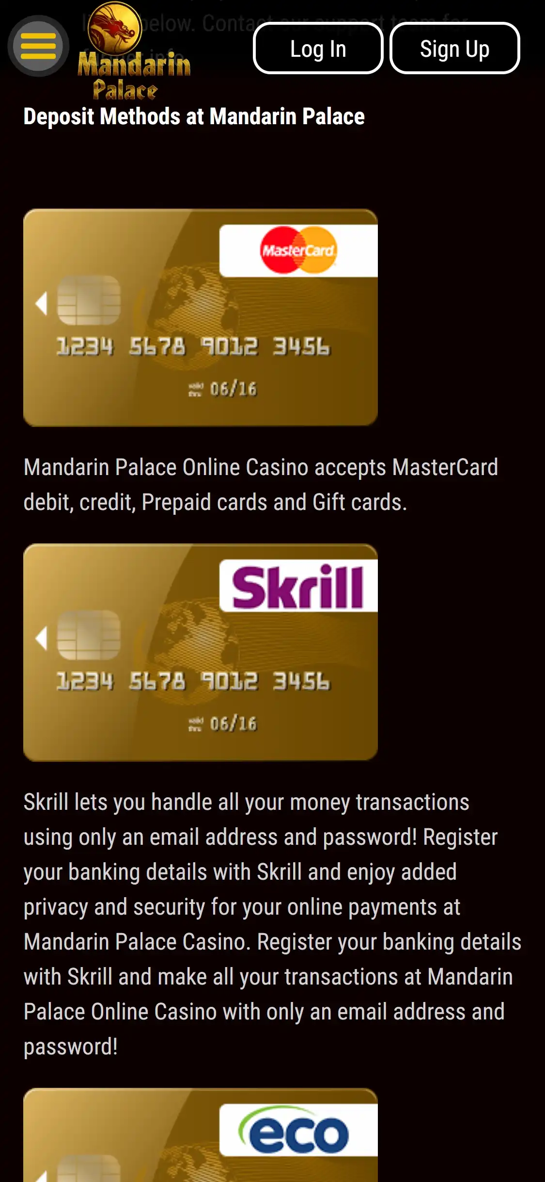Mandarin Palace Casino Mobile Payment Methods Review