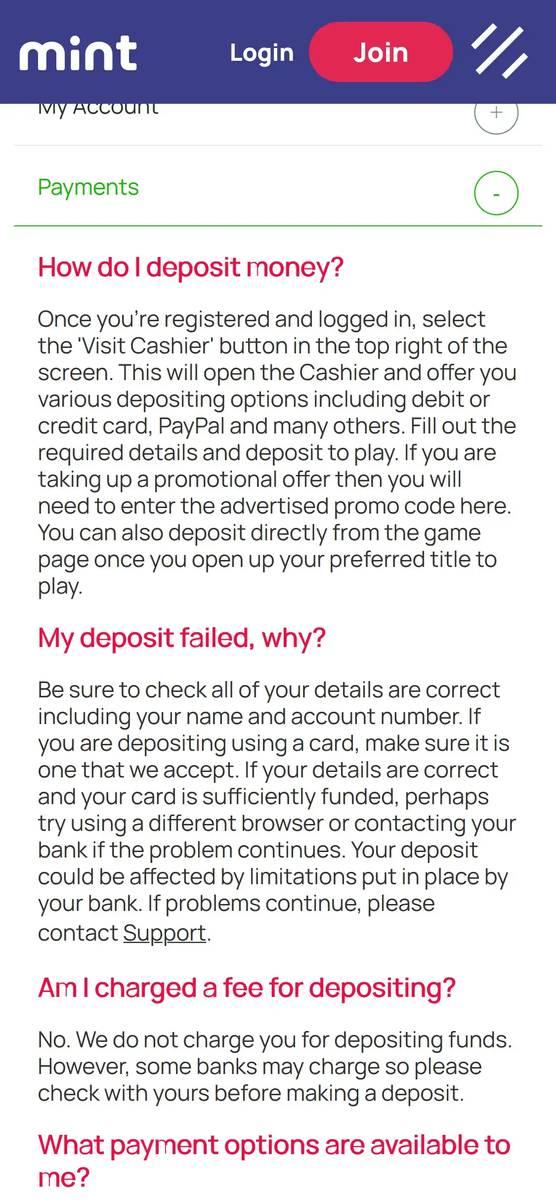 MintBingo Casino Mobile Payment Methods Review