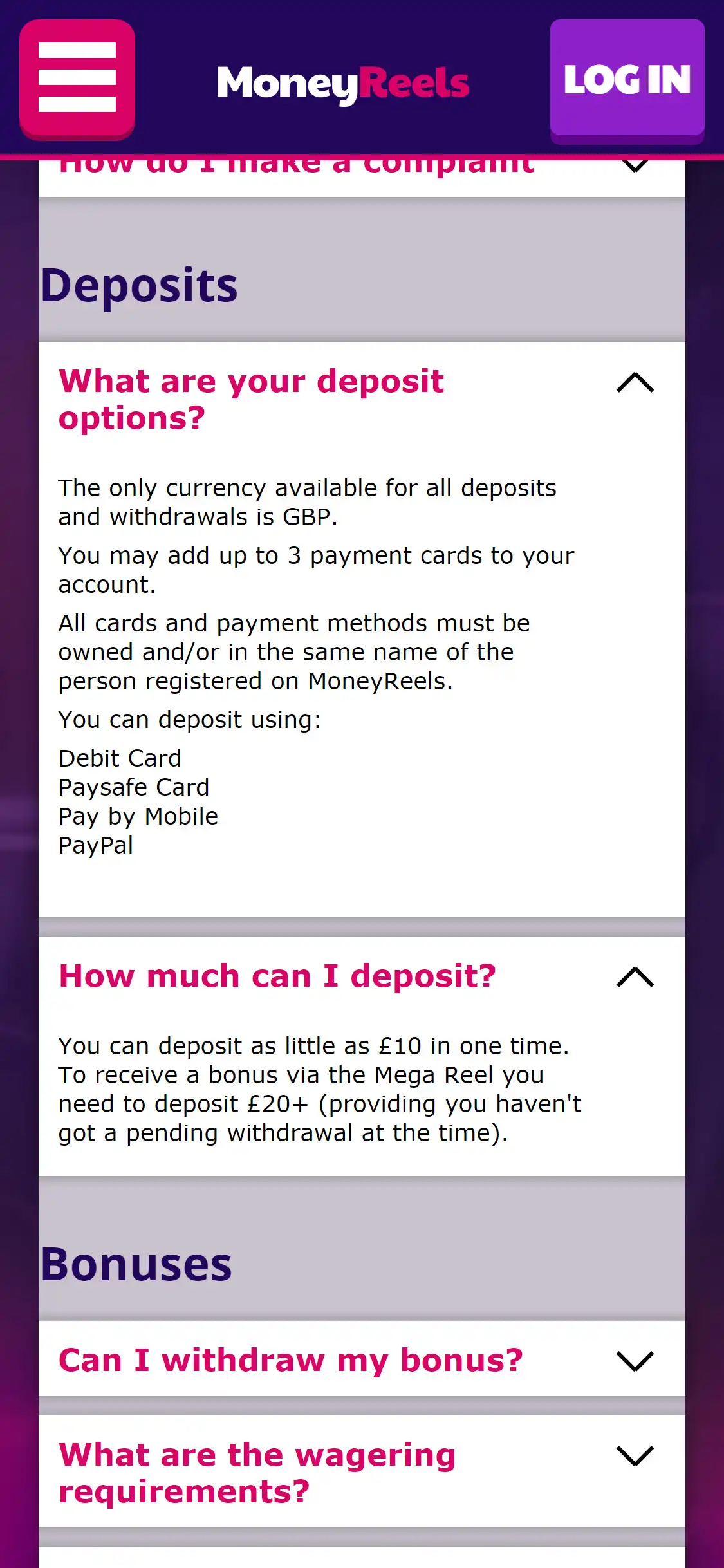 Money Reels Casino Mobile Payment Methods Review