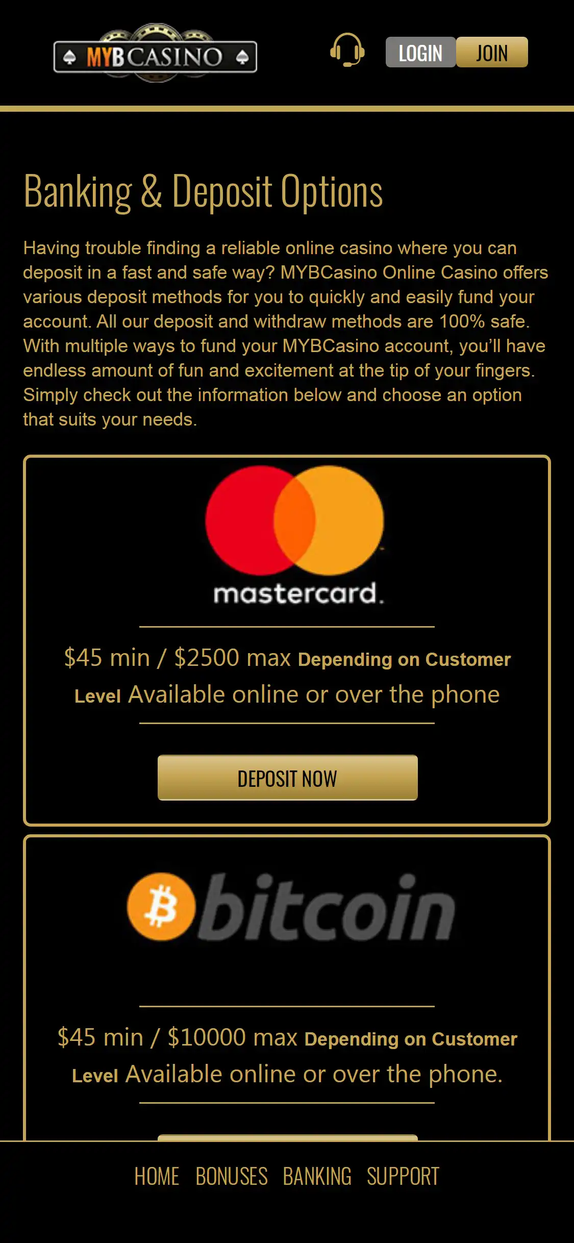 MYB Casino Mobile Payment Methods Review