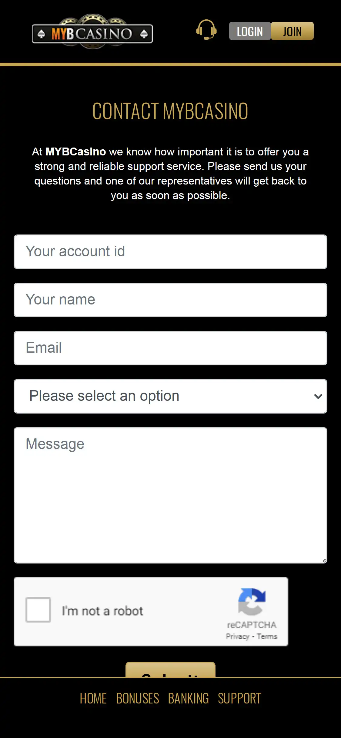 MYB Casino Mobile Support Review