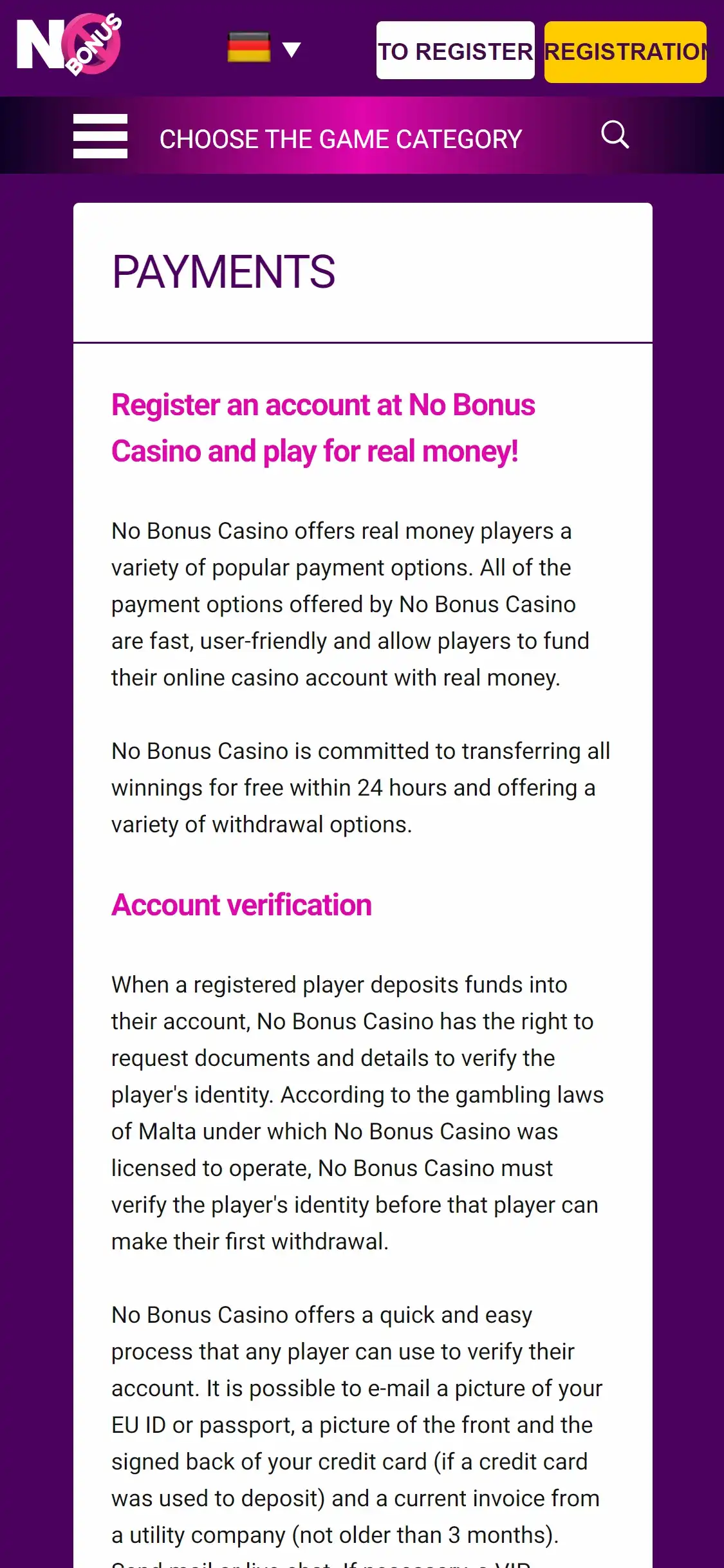 Nobonus Casino Mobile Payment Methods Review
