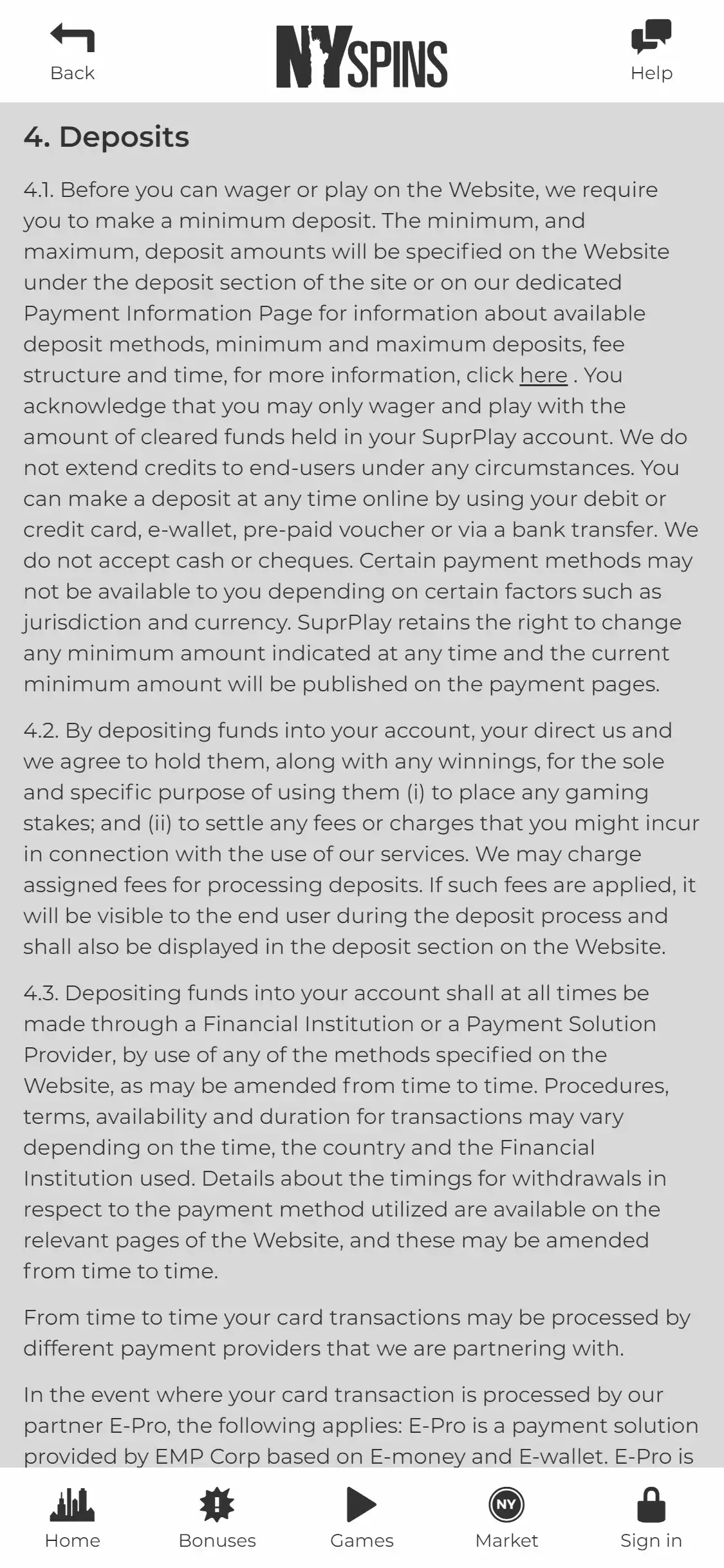 NYspins Casino Mobile Payment Methods Review