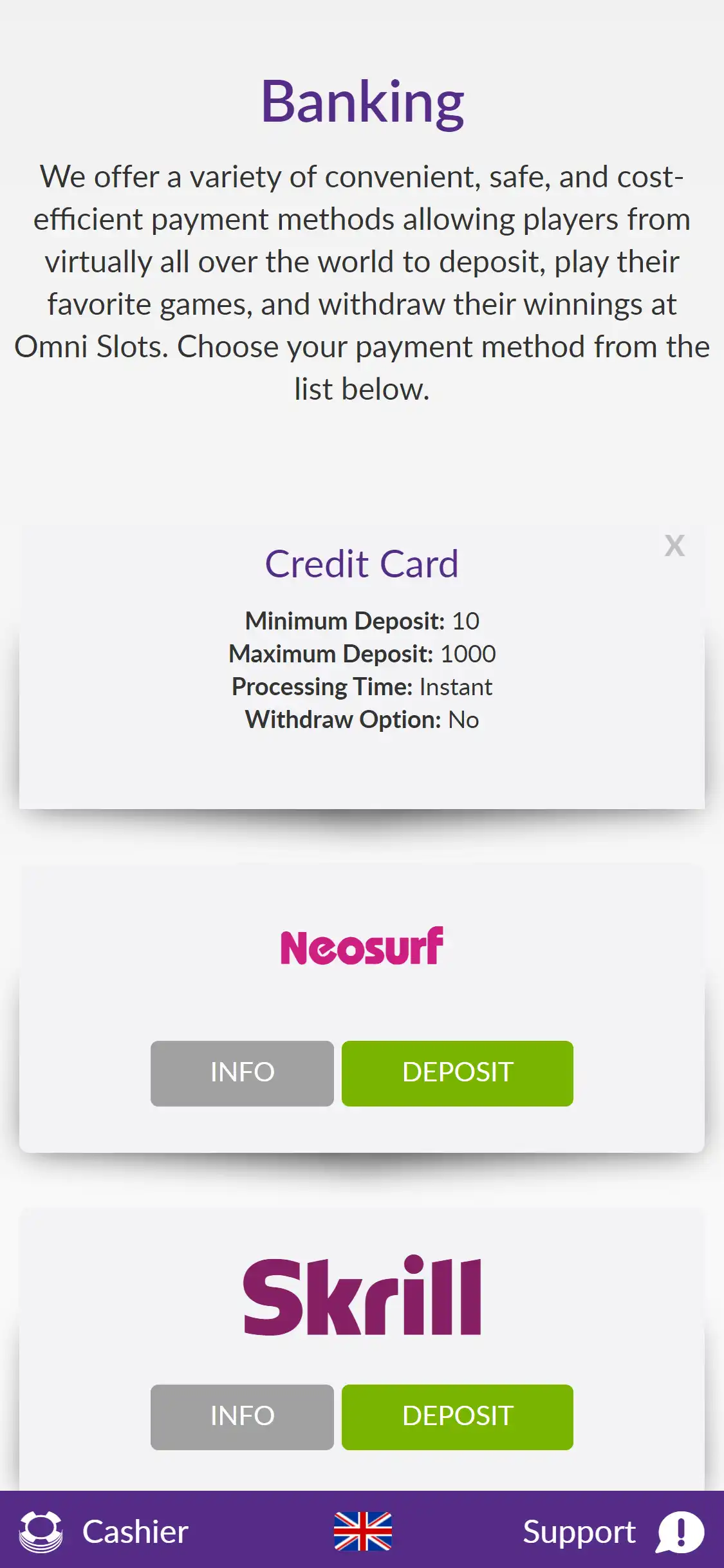 Omni Slots Casino Mobile Payment Methods Review
