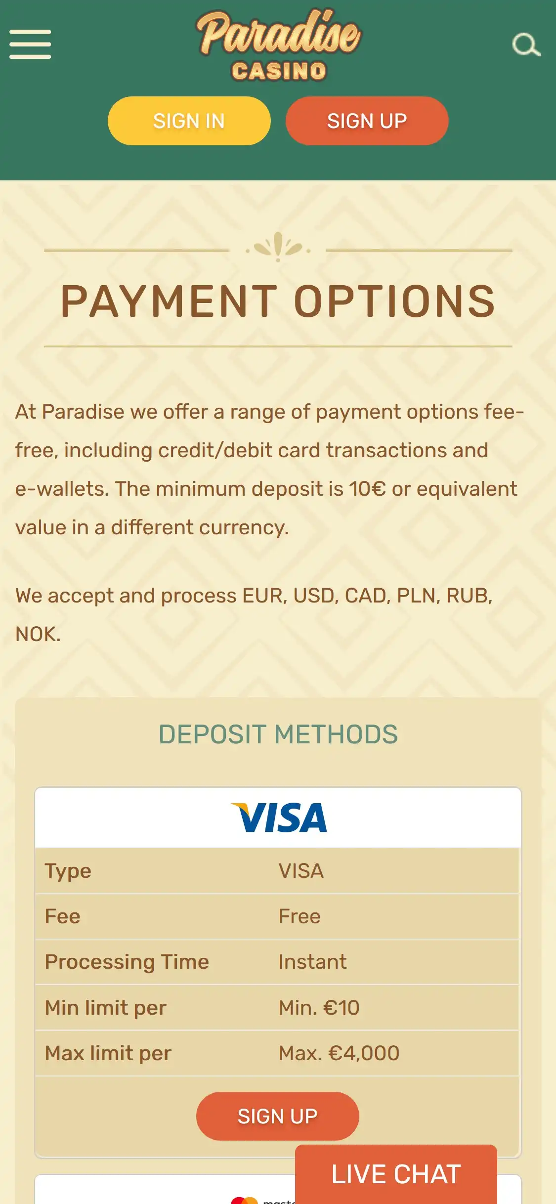 Paradise Casino Mobile Payment Methods Review