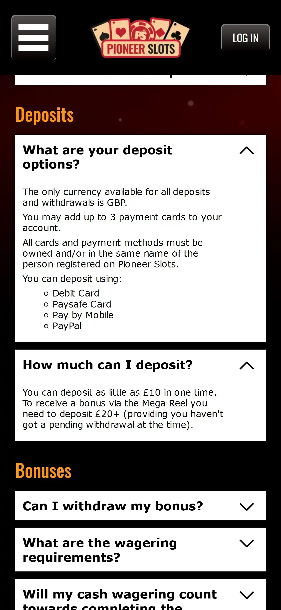 Pioneer Slots Casino Mobile Payment Methods Review