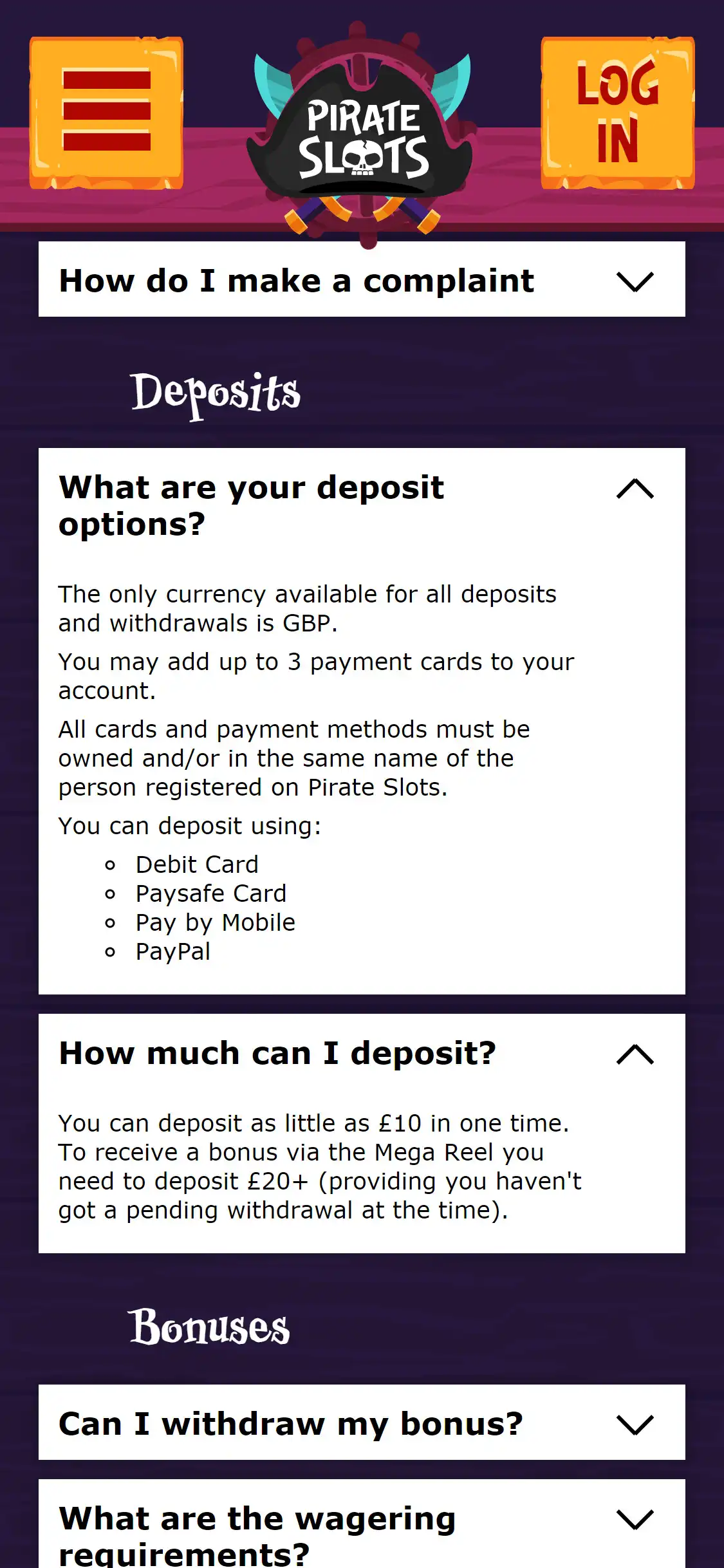 Pirate Slots Casino Mobile Payment Methods Review