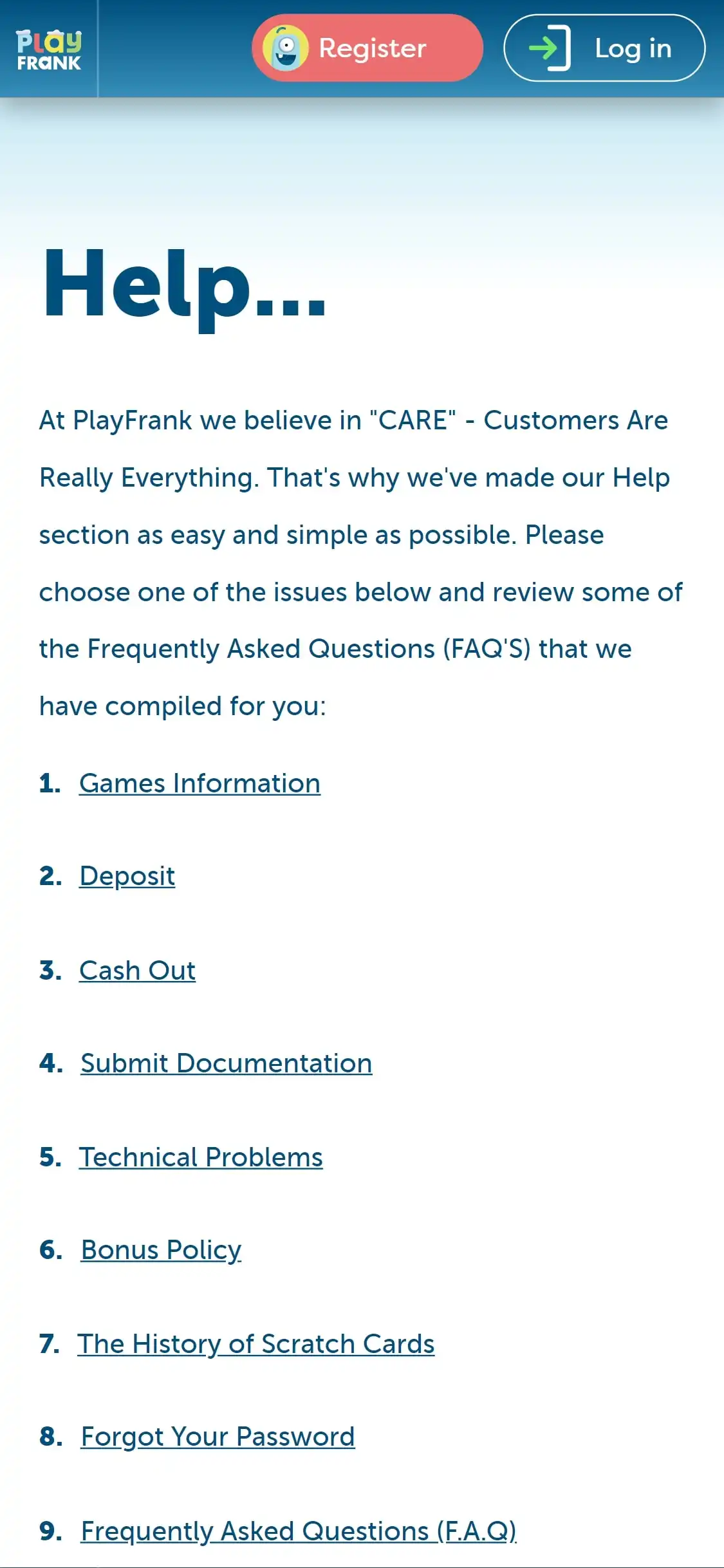 Play Frank Casino Mobile Support Review