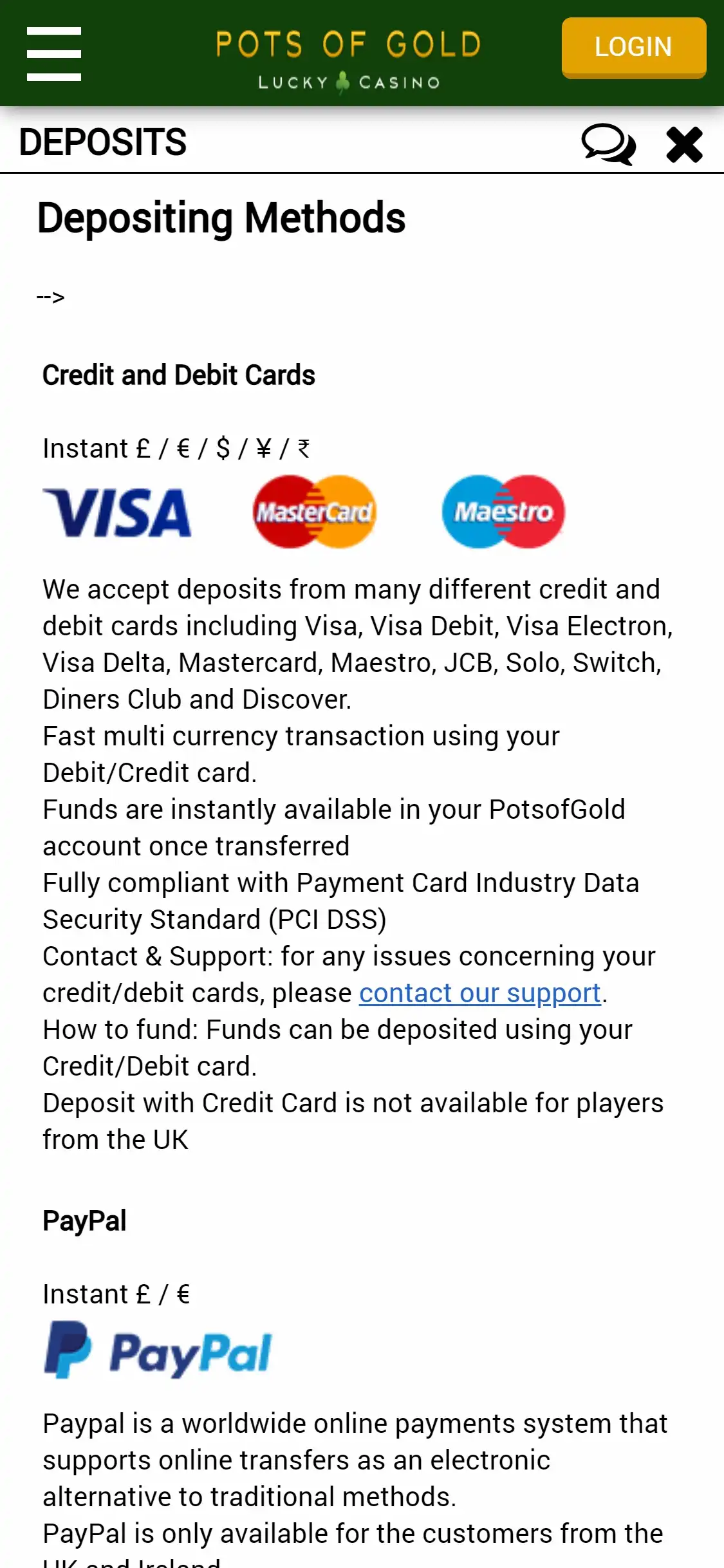Pots Of Gold Casino Mobile Payment Methods Review