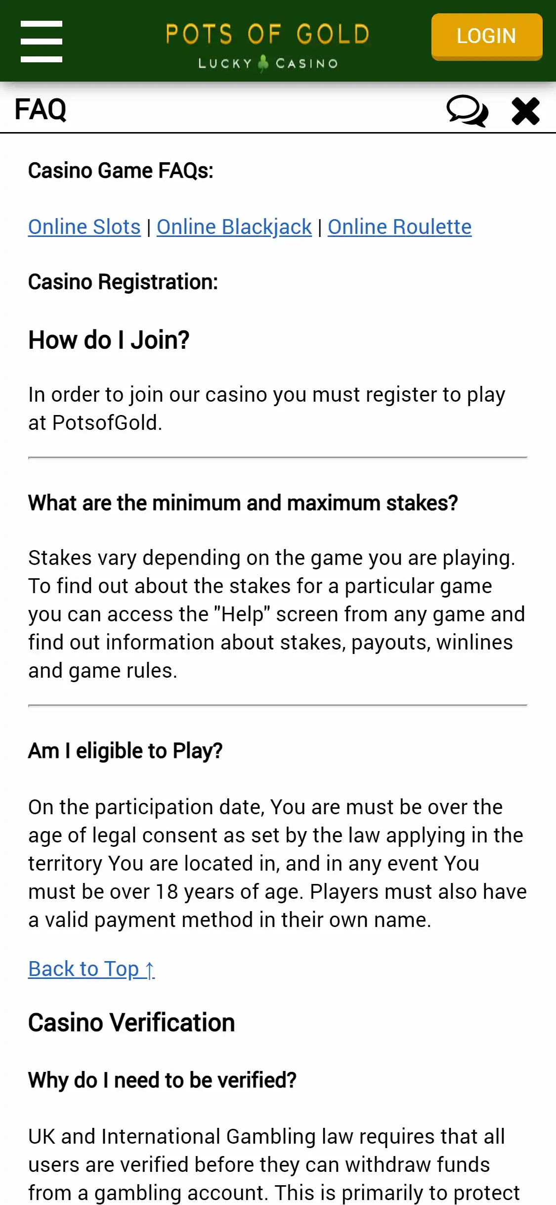 Pots Of Gold Casino Mobile Support Review