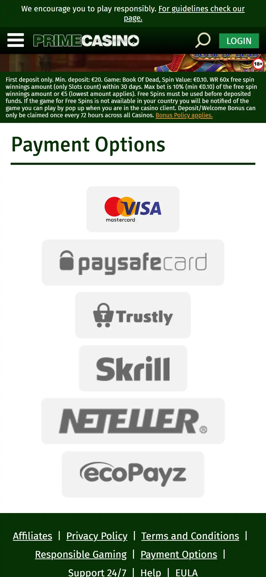 Prime Casino Mobile Payment Methods Review