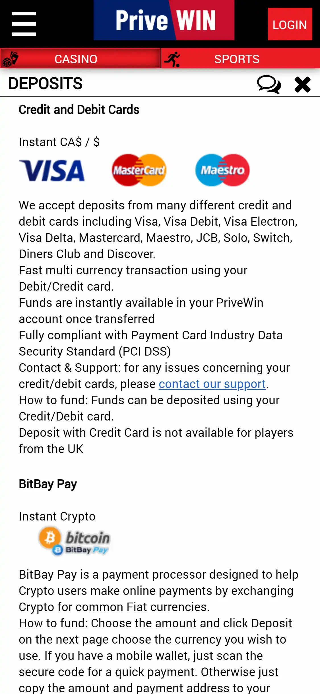 PriveWin Casino Mobile Payment Methods Review