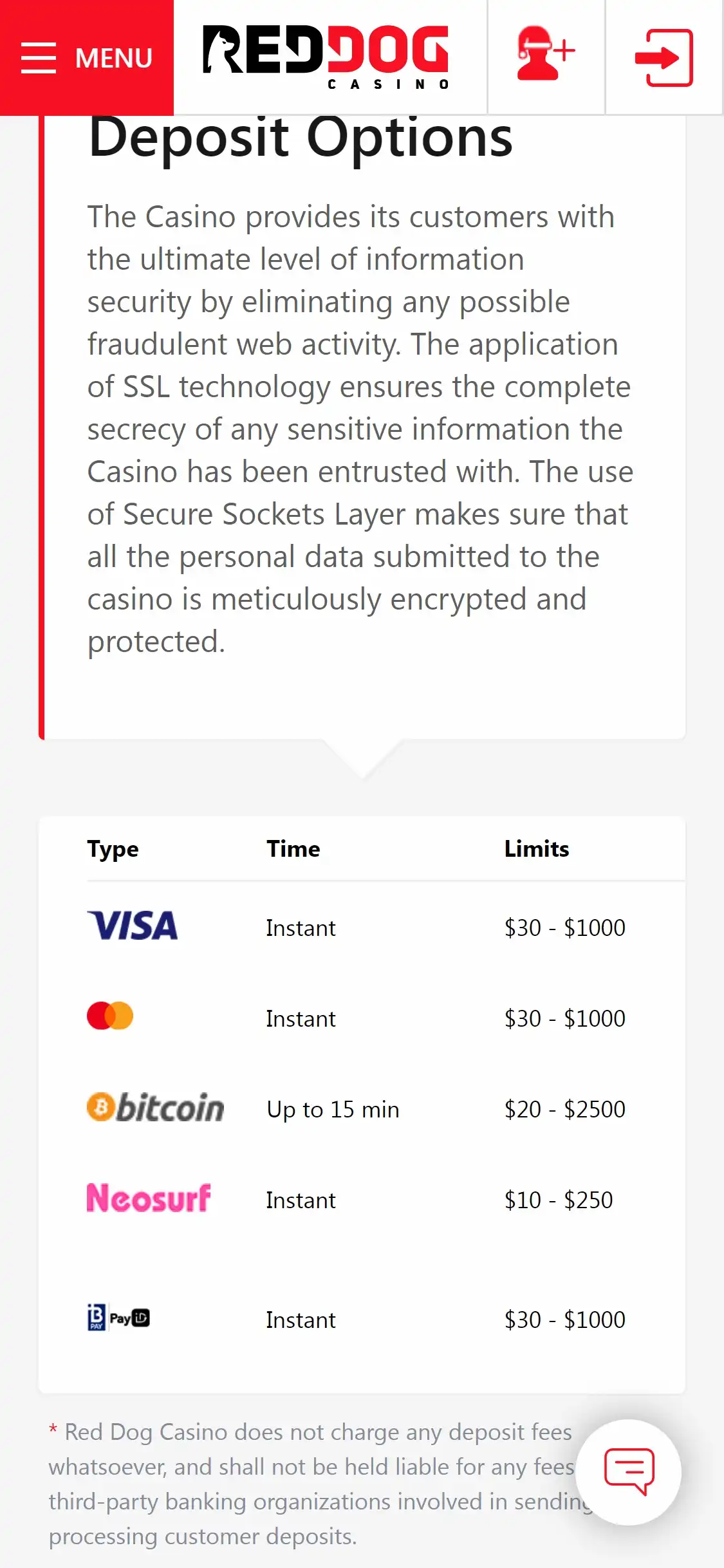 Red Dog Casino Mobile Payment Methods Review