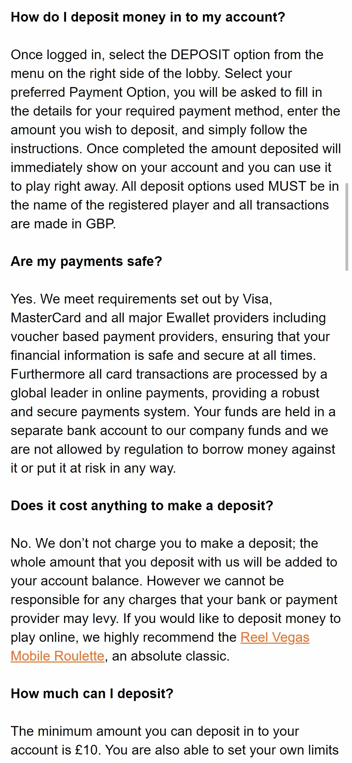 Reel Vegas Casino Mobile Payment Methods Review
