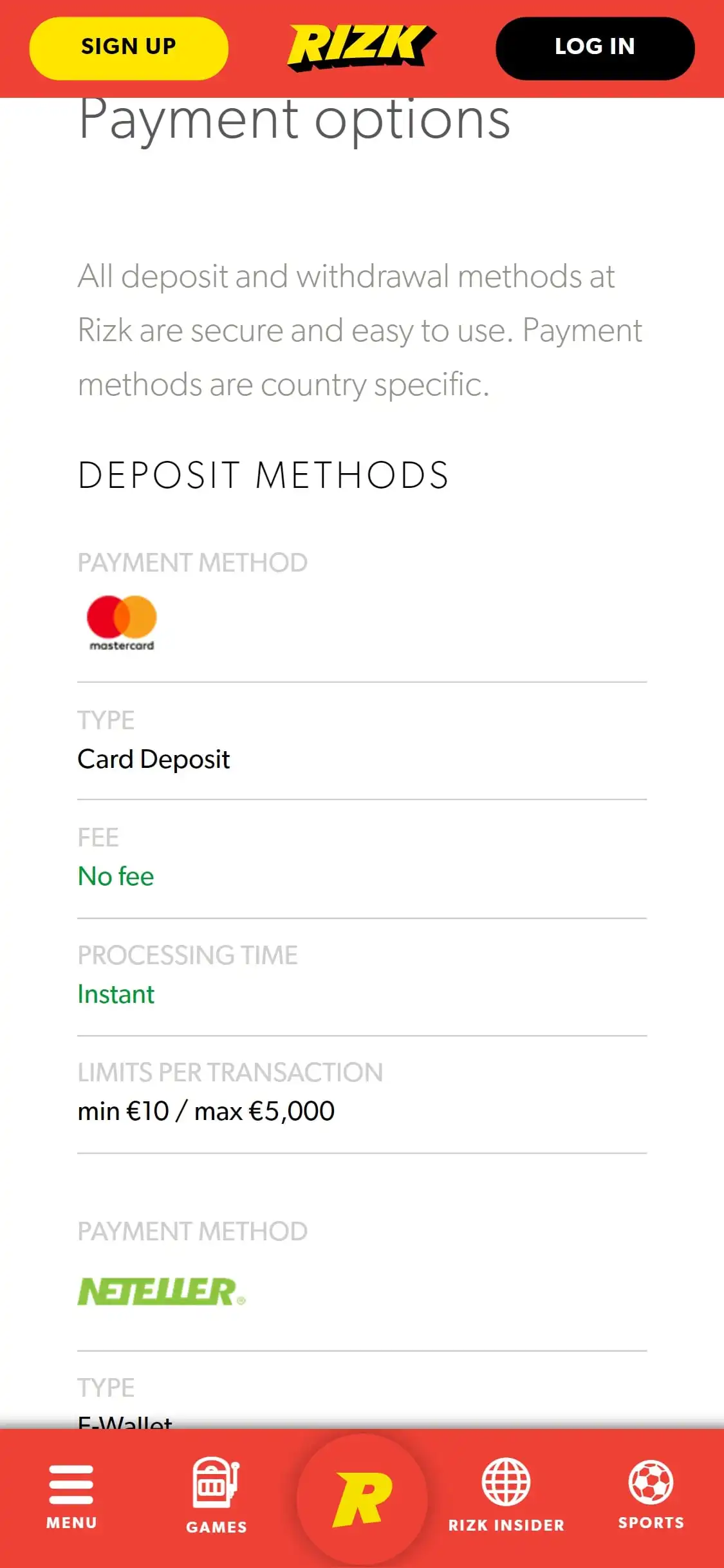 Rizk Casino Mobile Payment Methods Review