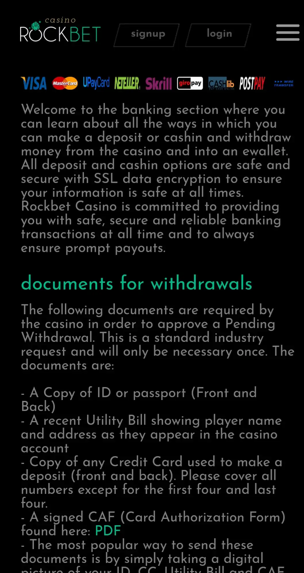 Rockbet Casino Mobile Payment Methods Review