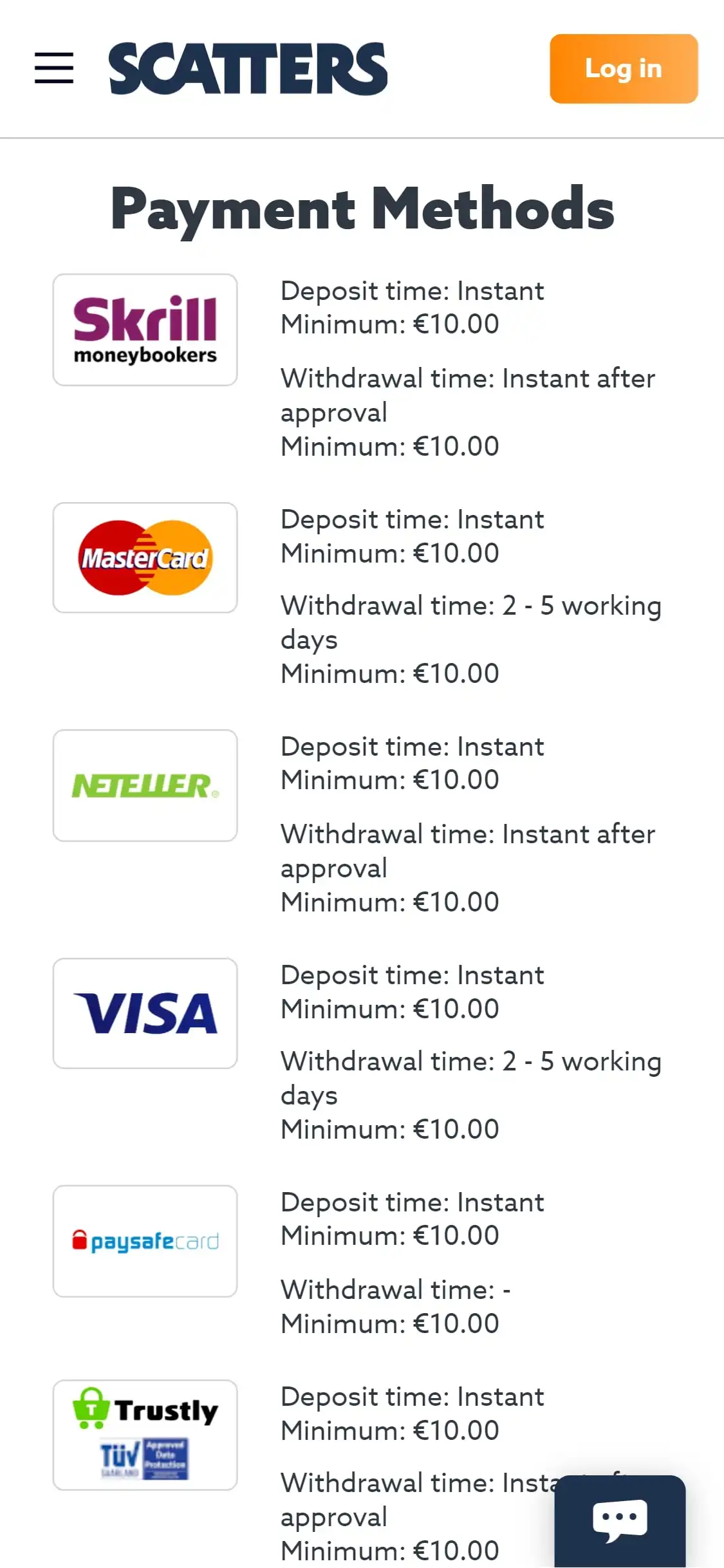 Scatters Casino Mobile Payment Methods Review