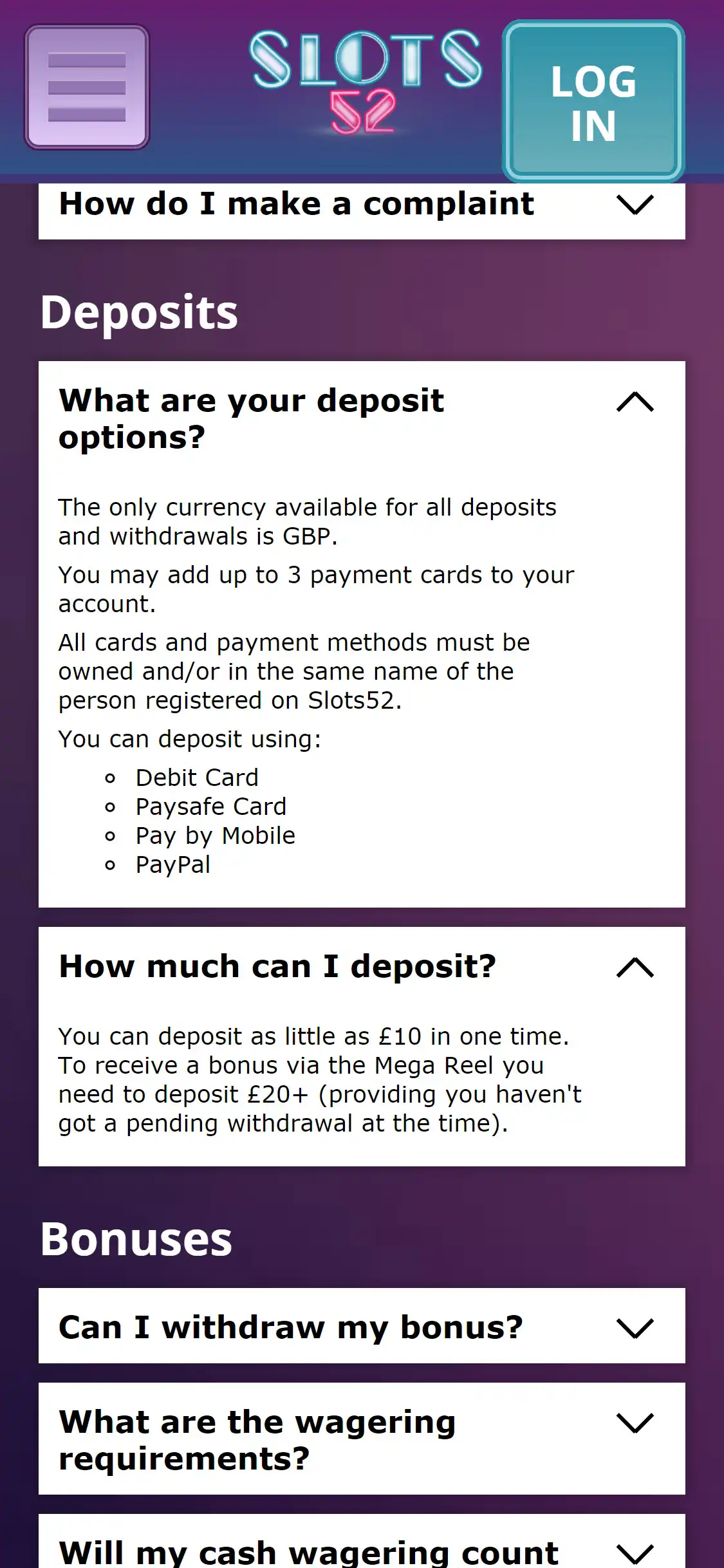 Slots52 Casino Mobile Payment Methods Review