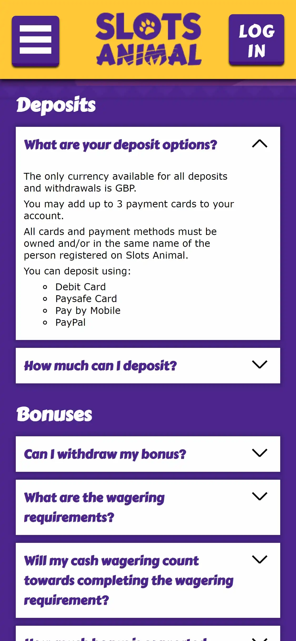 Slots Animal Casino Mobile Payment Methods Review