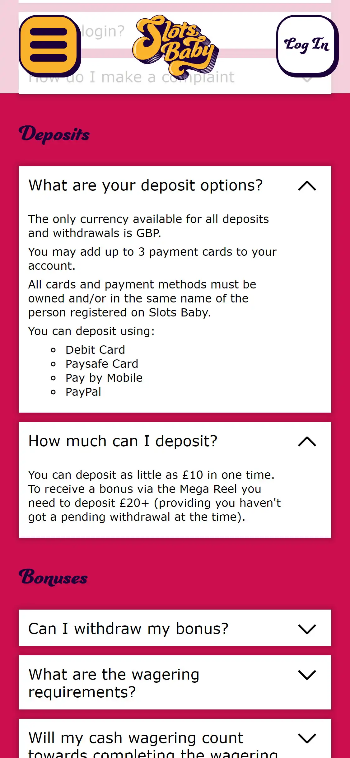 Slots Baby Casino Mobile Payment Methods Review