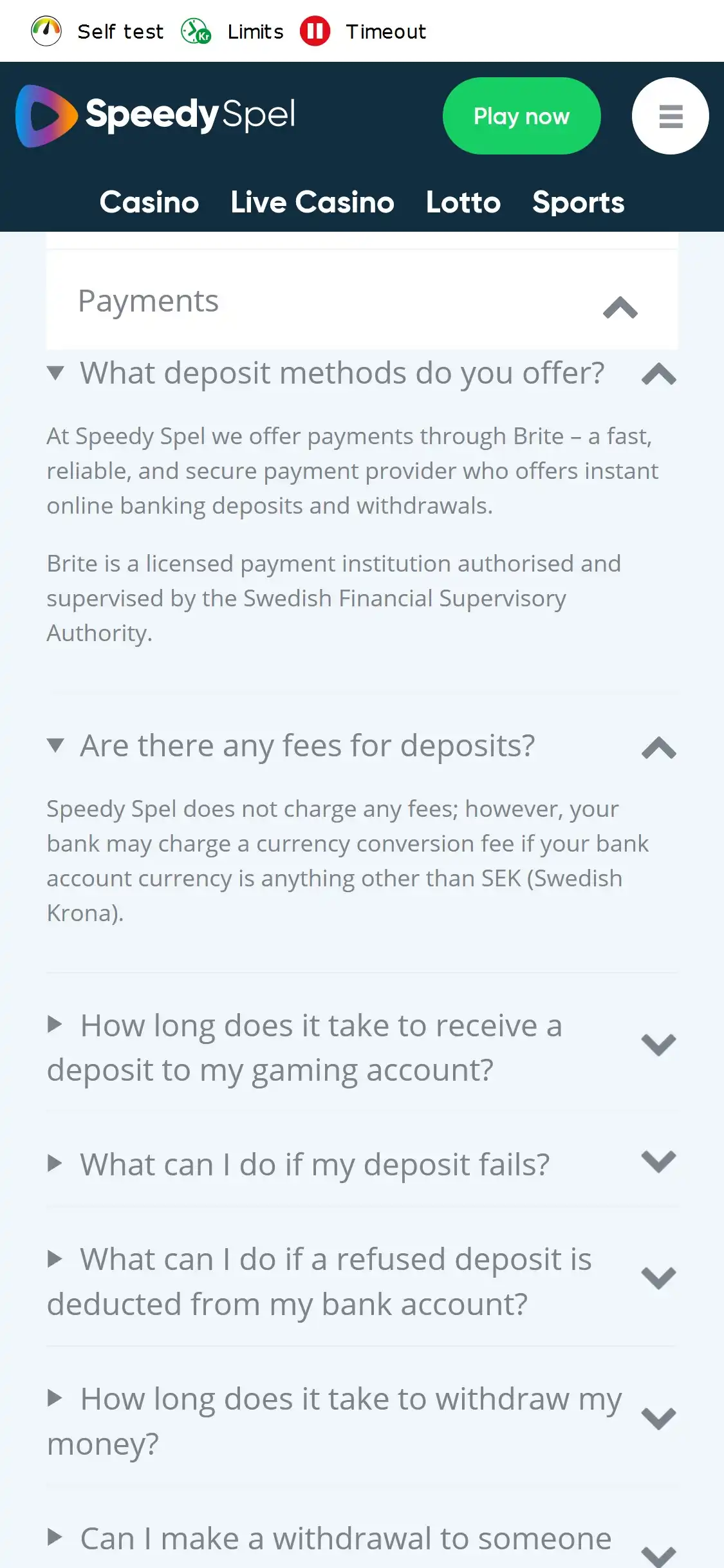 Speedy Casino Mobile Payment Methods Review