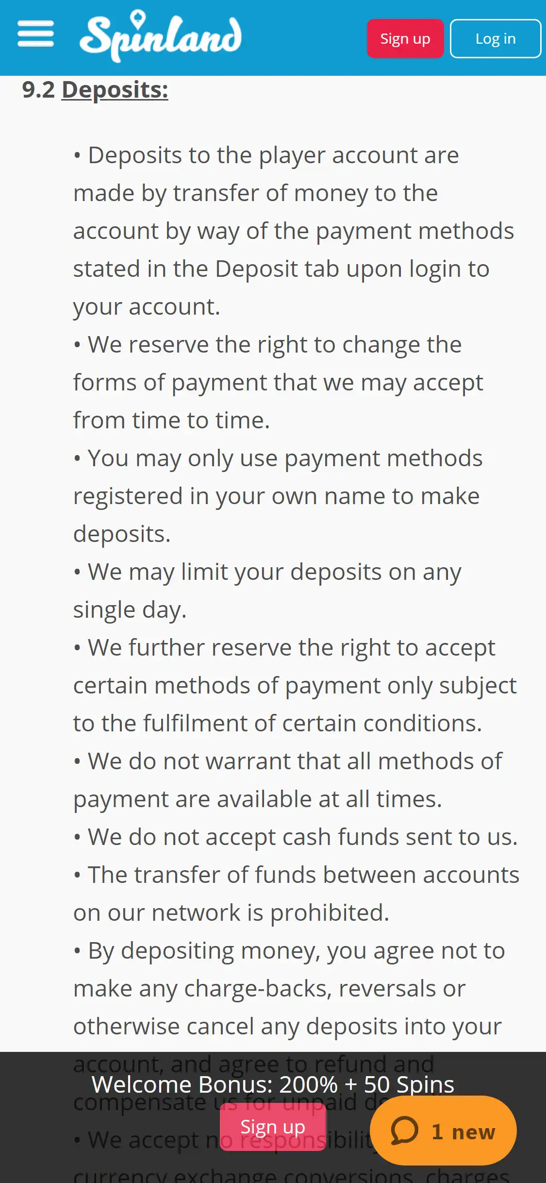 Spinland Casino Mobile Payment Methods Review